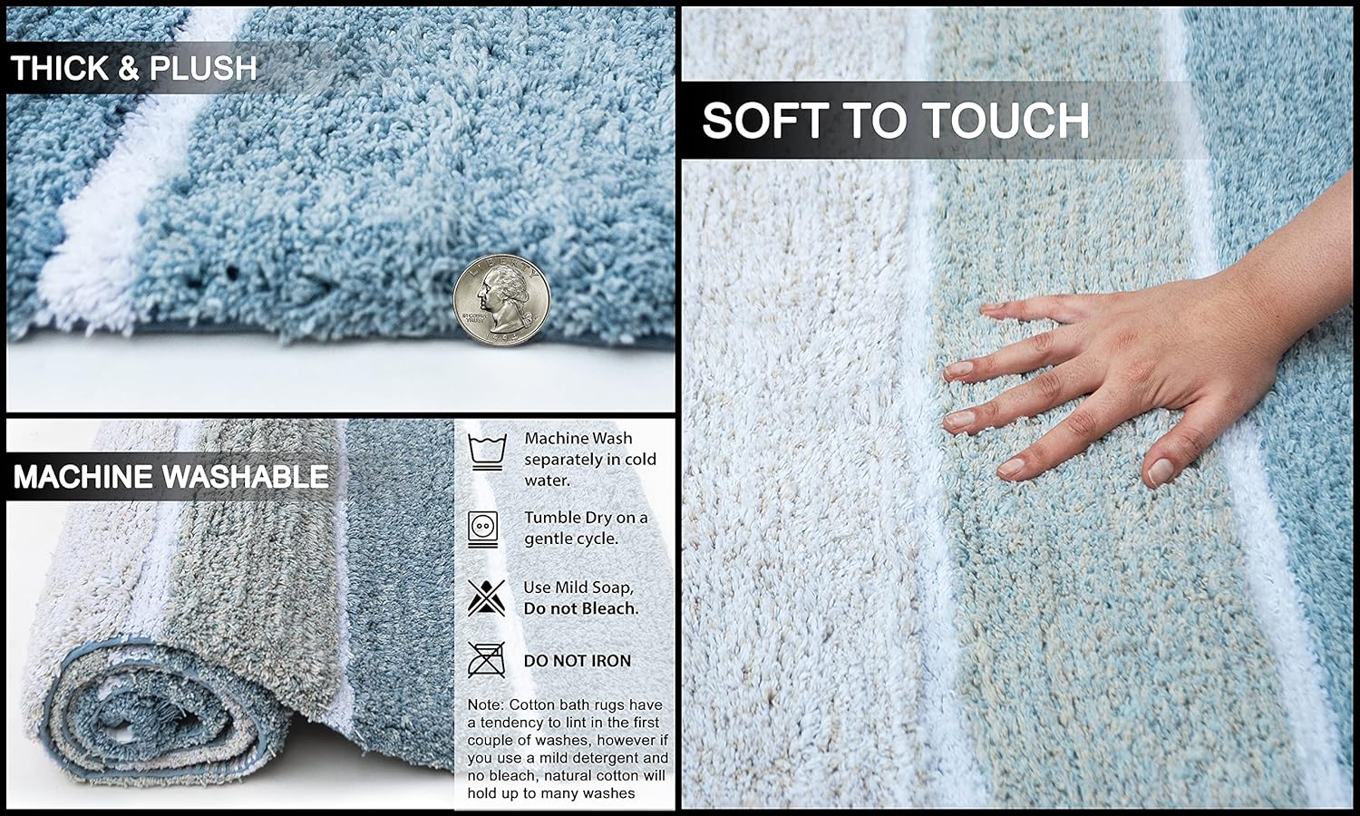 Chardin home Cordural Stripes Bath Mat, Set of 2 Bath Rugs (17 Inches x24 Inches & 21 Inches x34 Inches) | Non Slip Bathroom Rug, Machine Washable, Plush, Highly Absorbent | Ombre Blues & White : Home & Kitchen