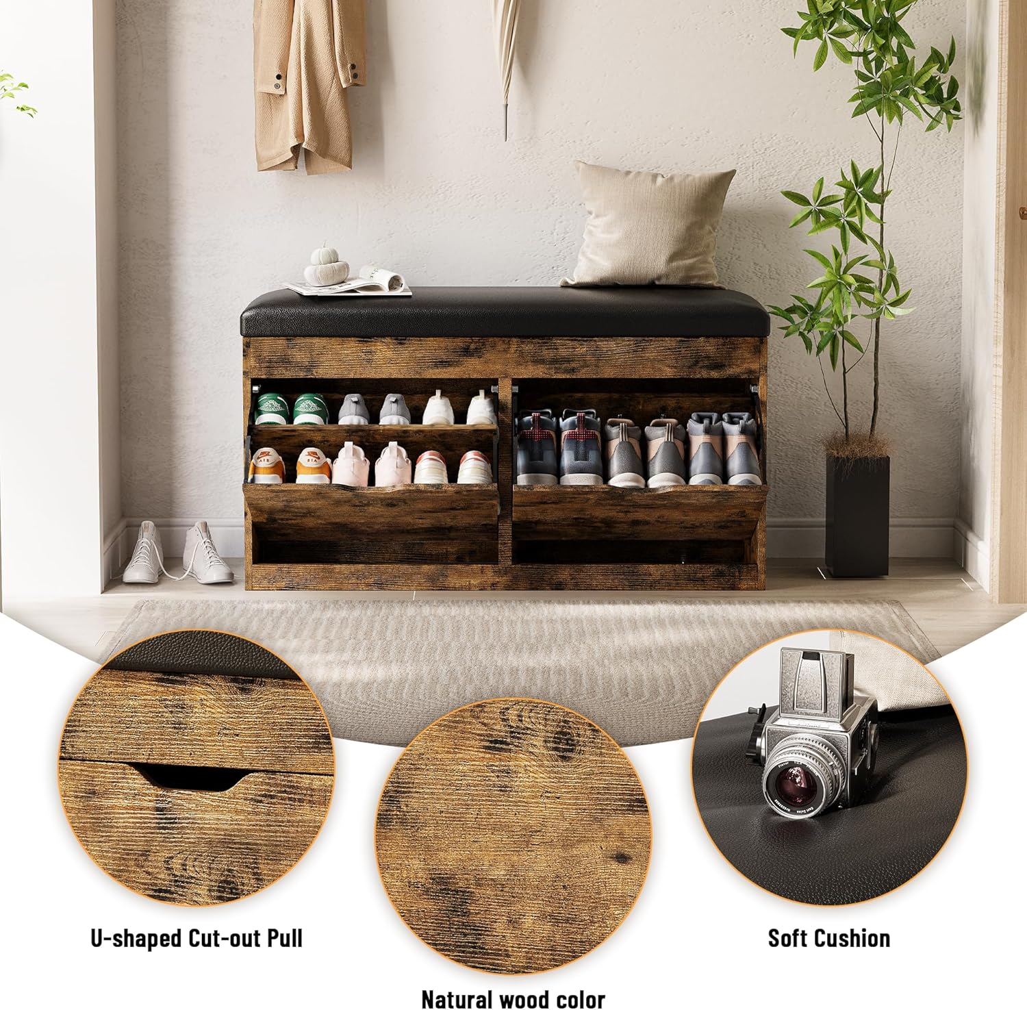 40" Shoe Storage Bench with 2 Flip Drawers & Padded Seat Cushion, Shoe Cabinet with Lift Top Storage Box, Shoe Bench Shoe Organizer for Entryway, Hallway, Living Room, Vintage Brown image 6 of 8 B0DHTY8GCJ