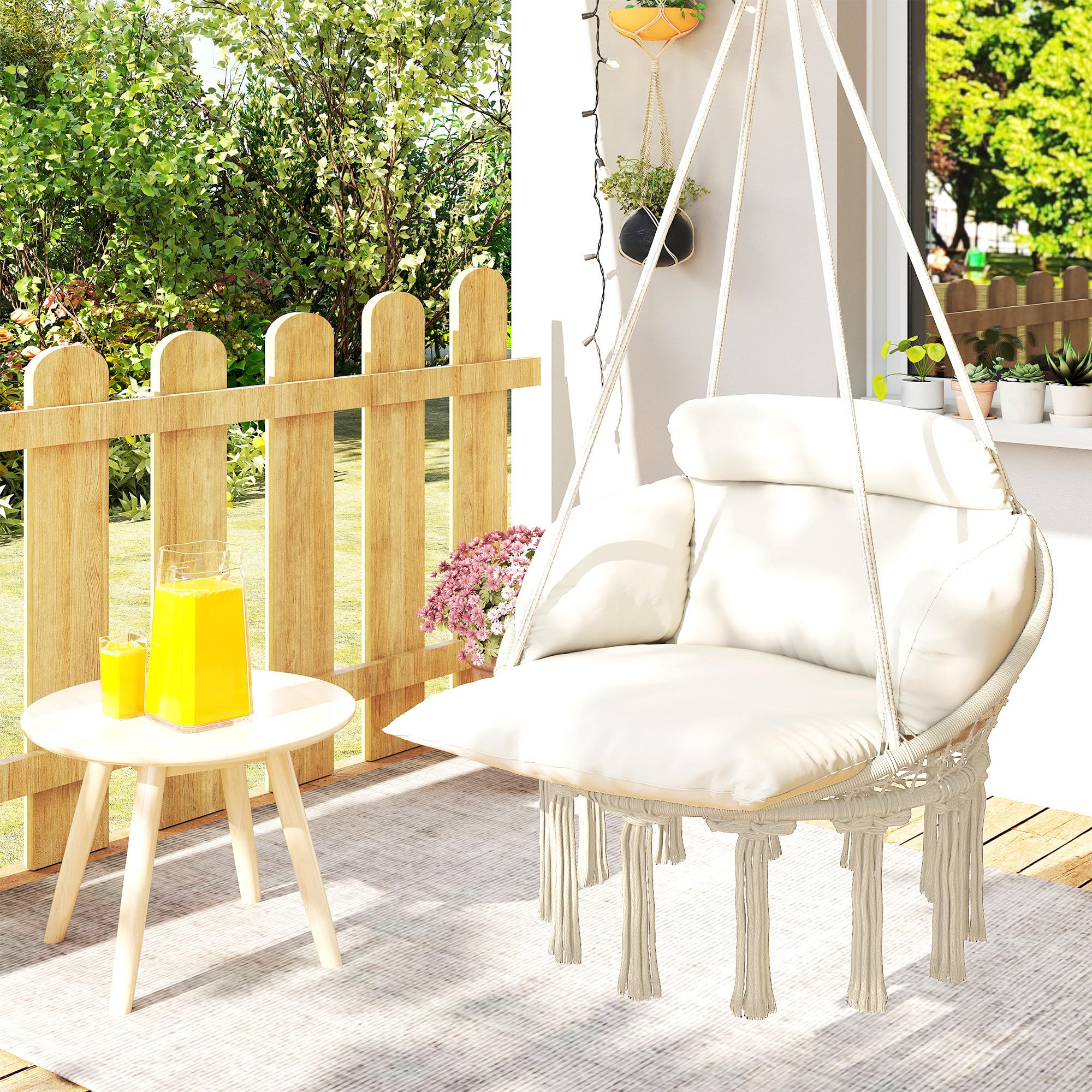 Outsunny Poltrona Sospesa da Esterno in Stile Boho con Frange, Cuscino, Corde e Anelli, Sedia Sospesa da Giardino in Acciaio, Cotone e Poliestere, Portata Fino a 120 kg, 80x60x40 cm, Crema