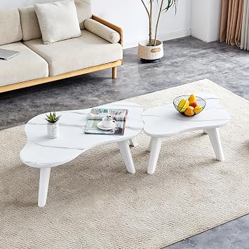 Nesting Coffee Table Set of 2, Modern Unique Cloud Coffee Table Set, Irregular Solid Wood Center Table Side Table with Low Legs, Cute Minimalist Tea Table for Living Room Bedroom Farmhouse, White