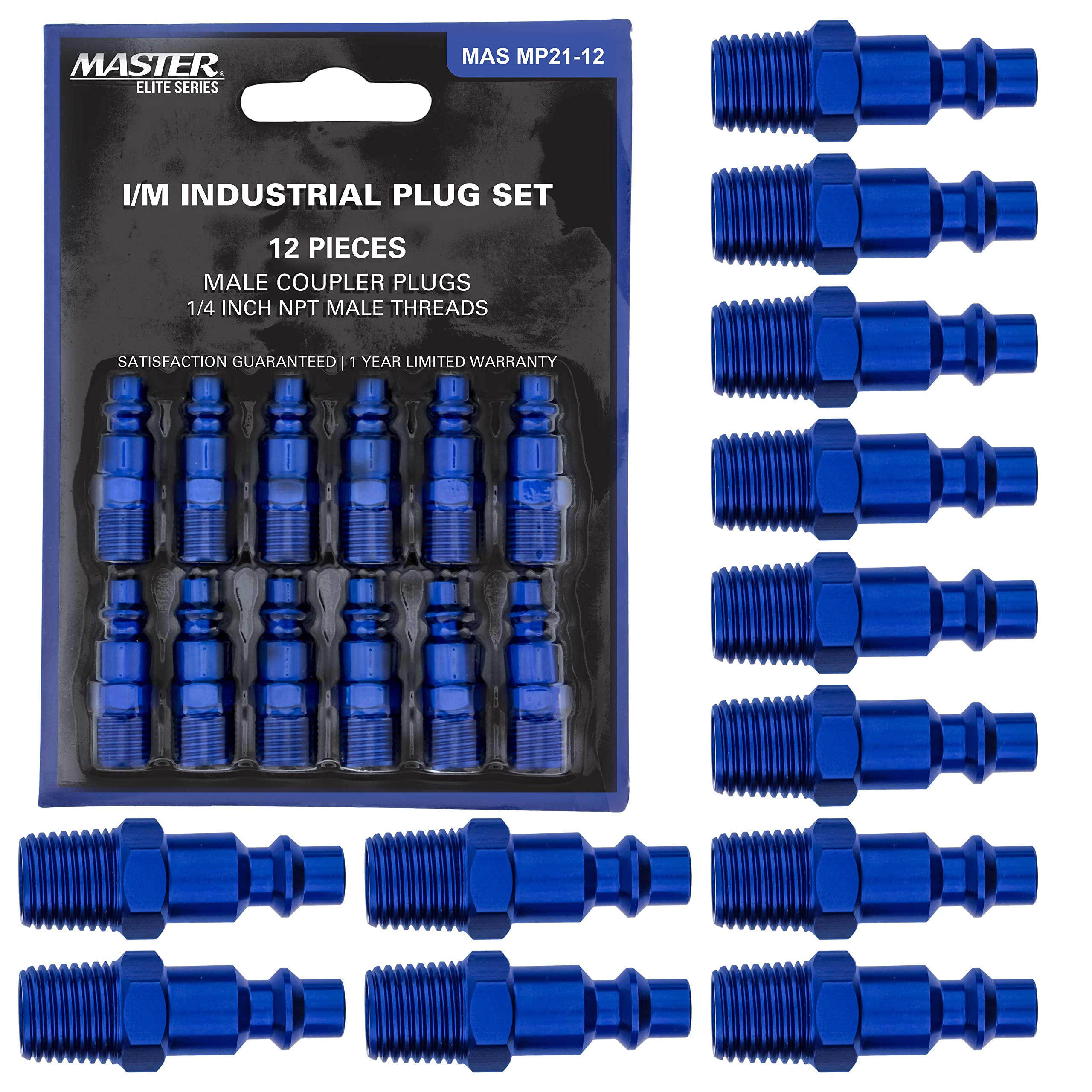 Master Elite Series 12 Piece Industrial I/M Type Plug Air Fittings Set with 1/4" NPT Male Threads - Attach to Quick-Connect Couplers, Hoses, Compressors, Pneumatic Air Tools, Spray Guns, Sanders