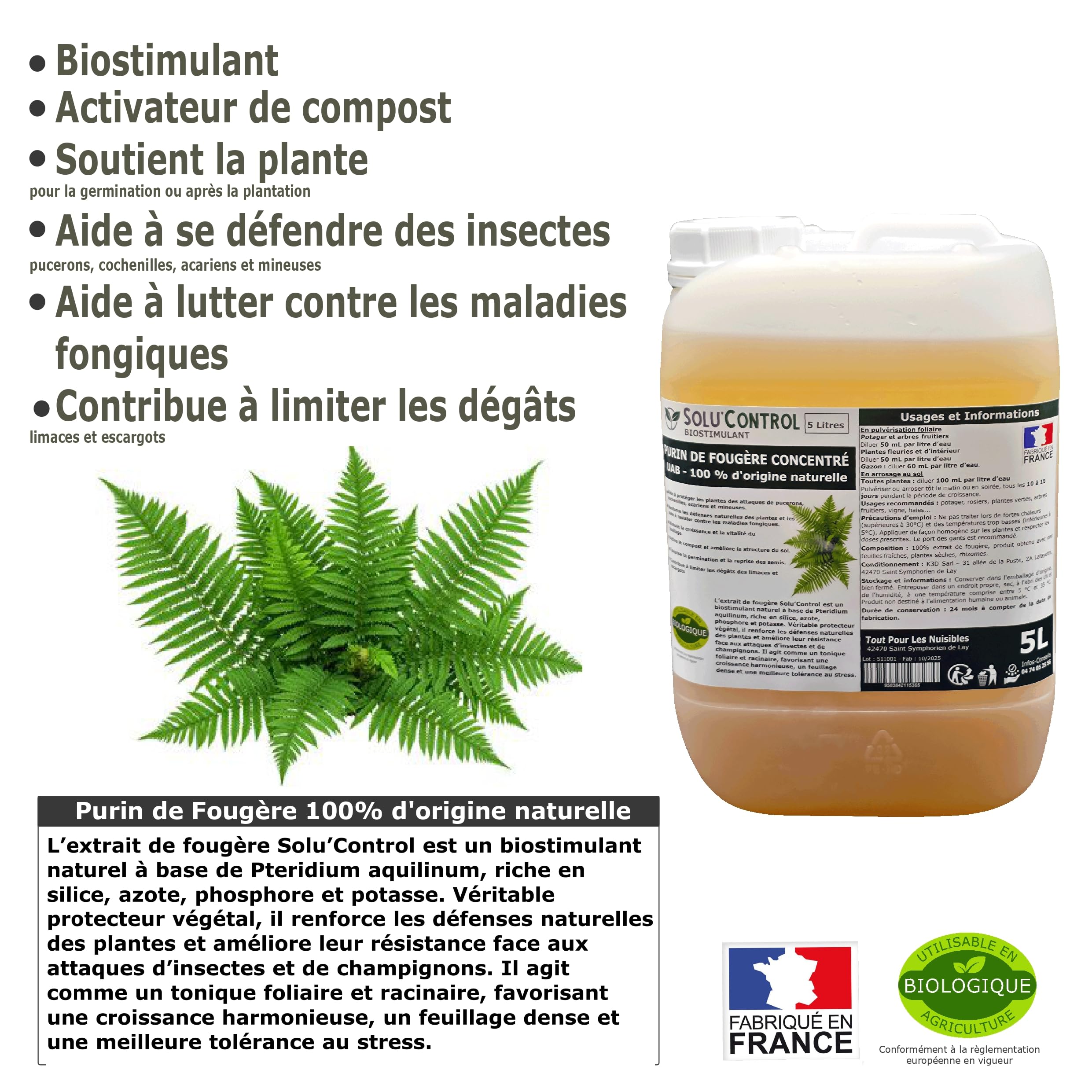 Purin de Fougère Solu’Control – 5L Concentré UAB – Biostimulant Naturel – Aide à Se Défendre des Insectes & Maladies Fongiques – Activateur de Compost – 100% Naturel – Fabriqué en France