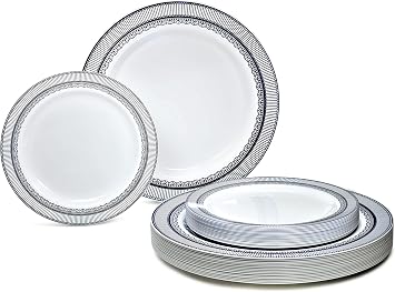 OCCASIONS 50 Set Fancy White/Blue Disposable Plates for 25 Guests