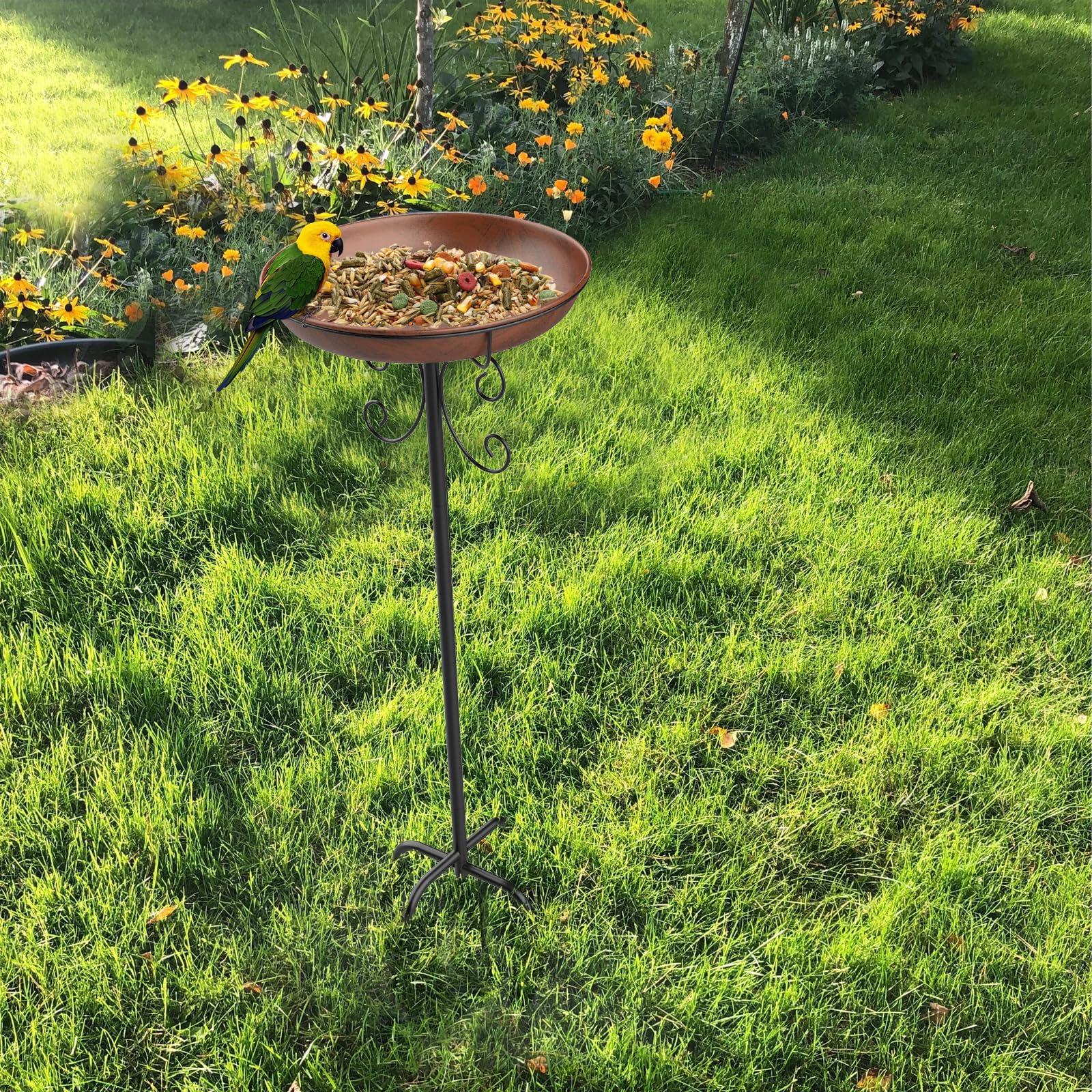 EFUTURETIME Abbeveratoio Grande in Metallo per Uccelli Con Supporto φ 30 × 90 cm Vaschetta per Uccelli Vassoio Regolabile in Altezza per Giardino Esterno Balcone, Colore Bronzo