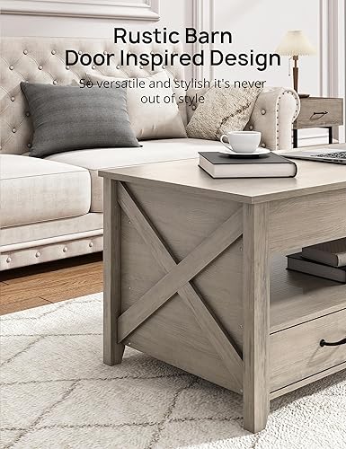 Miniatura 9 de Evajoy Mesa auxiliar elevable, mesa de centro moderna con 2 cajones de almacenamiento y compartimento oculto, soporte de madera en forma de X, mesa