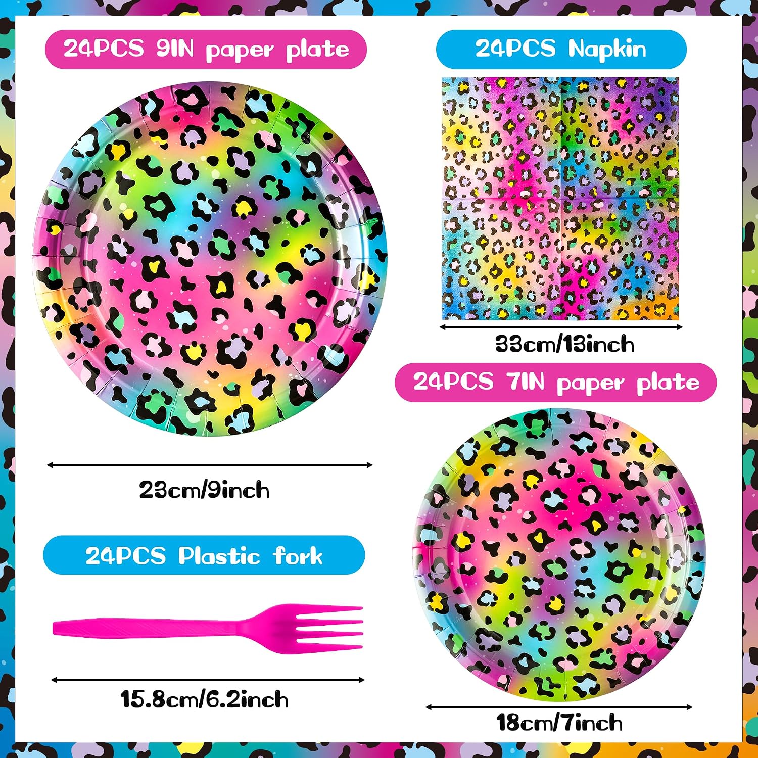 K1tpde Neon Rainbow Leopard Tableware - 96PCS Iridescent Cheetah Theme Leopard Print Tableware Set Included Paper Plates Napkins and Forks, Safari Animal Birthday Party Supplies for Adult, 24 Guest