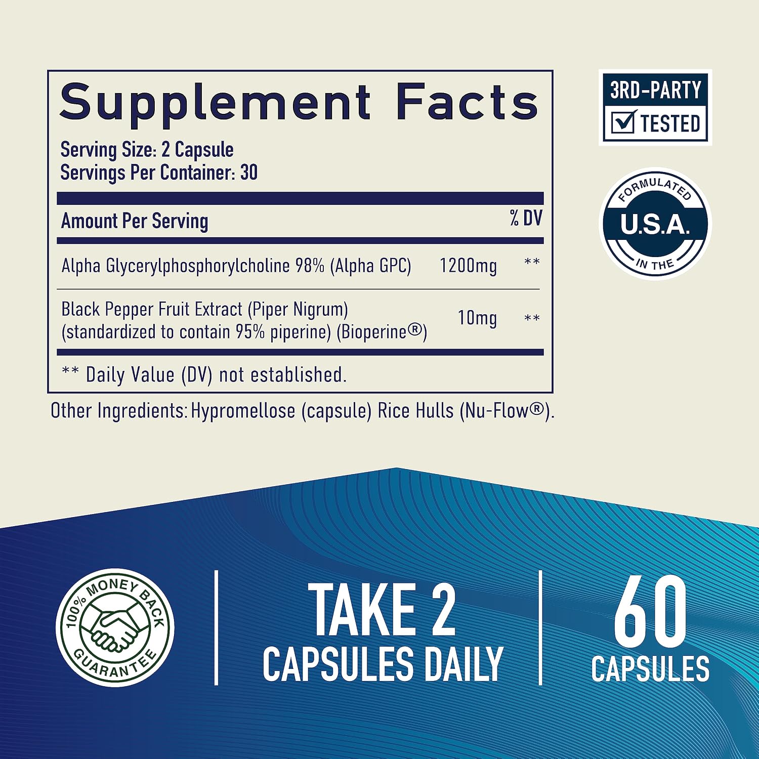 Alpha GPC Choline 600MG (60 Capsules, 30-Day Supply) Nootropic Brain Supplement for Focus, Memory, Motivation, Mood & Energy Support* - with BioPerine - Vegetarian, Gluten-Free, 3rd-Party Tested