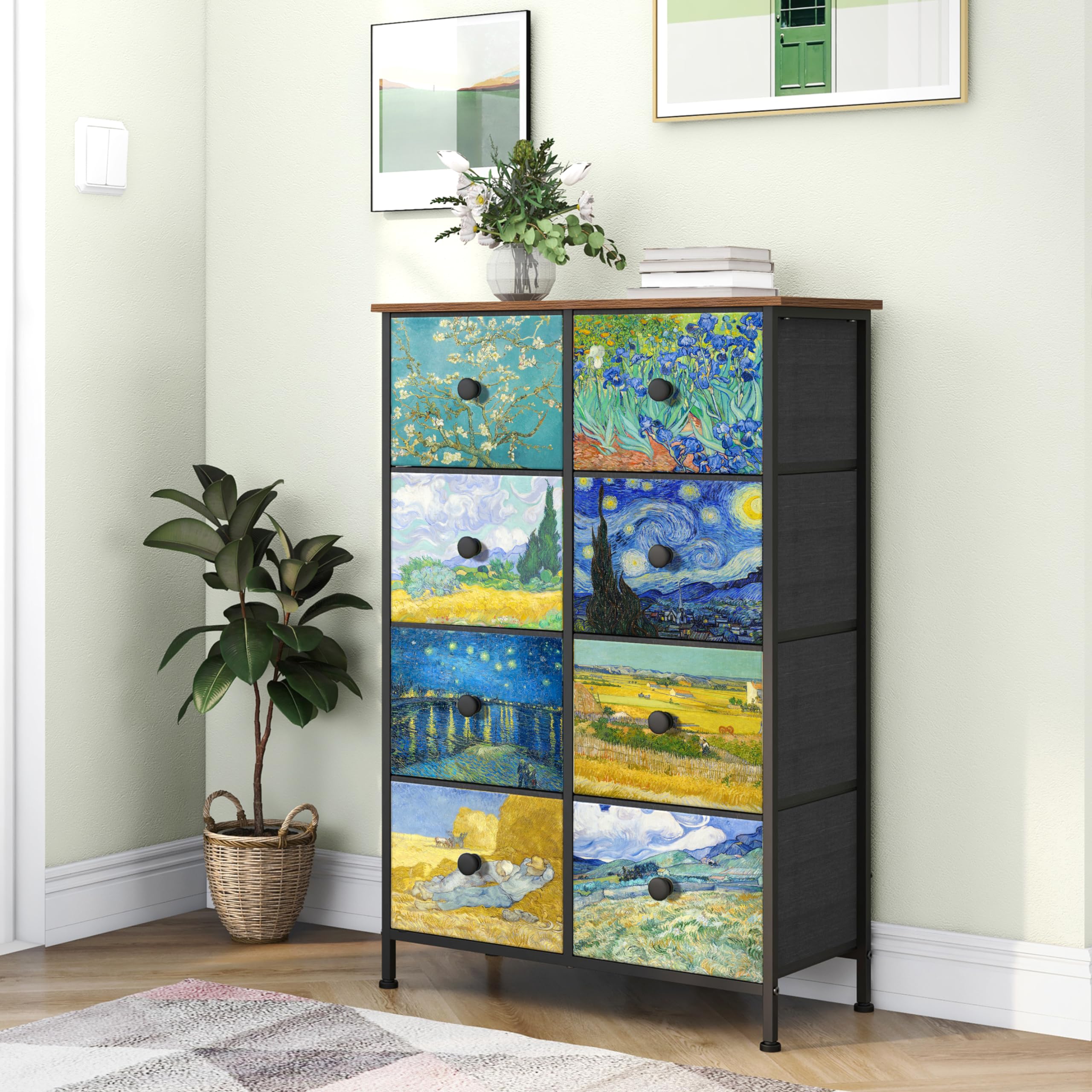 VEDECASA - Cassettiera sottile, alta, con 8 cassetti , motivo Van Gogh, per cameretta dei bambini, soggiorno, corridoio, camera da letto, ufficio, struttura in metallo e pannello in legno