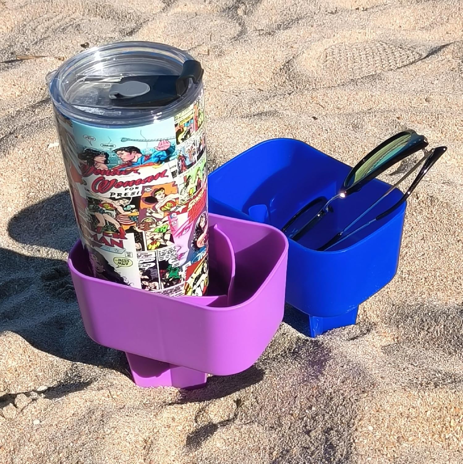 Sand Cup Holders for Beach, Sbeach Drink Holder for Sand, Suitable for Holiday, Picnic, Party, with Sand Bag 2 Pack Color Deep Blue/Purple - Image 2