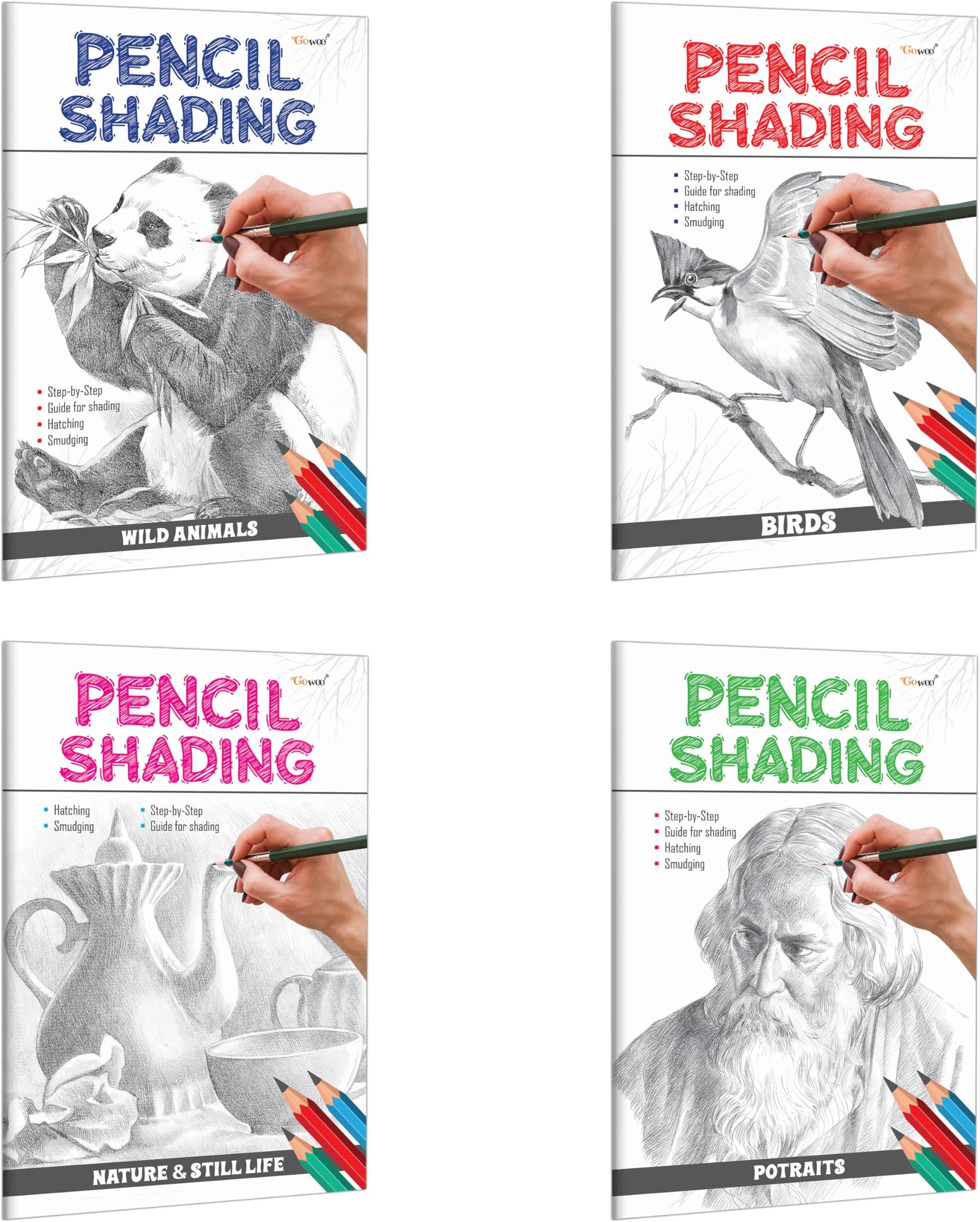 Pencil Shading - Birds, Wild Animals, Nature & Still Life and Portraits : Children’s art book, Pencil Shading book for Children, Educational book for kids | Pack of 4 Pencil Shading Activity books