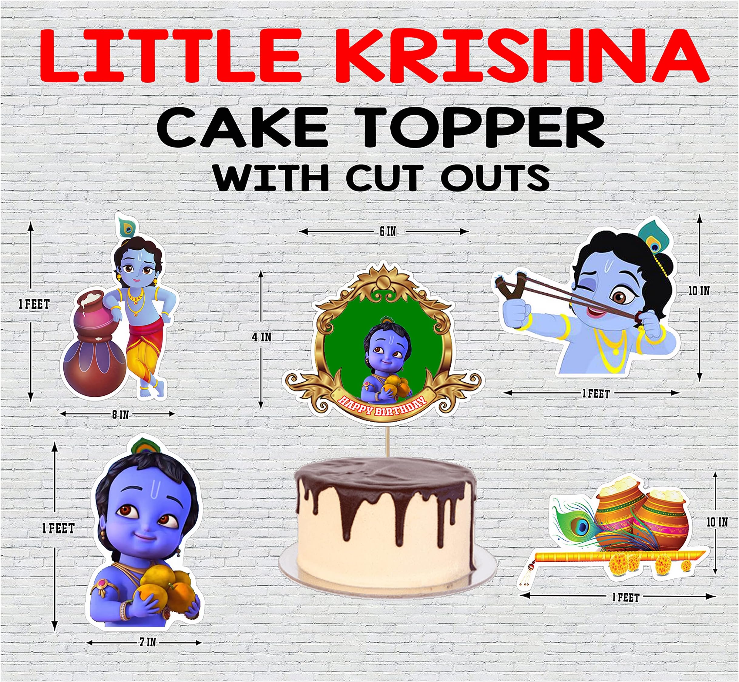 WoW Party Studio Little Krishna Theme Happy Birthday Cake Topper and 1ft Cutouts Combo