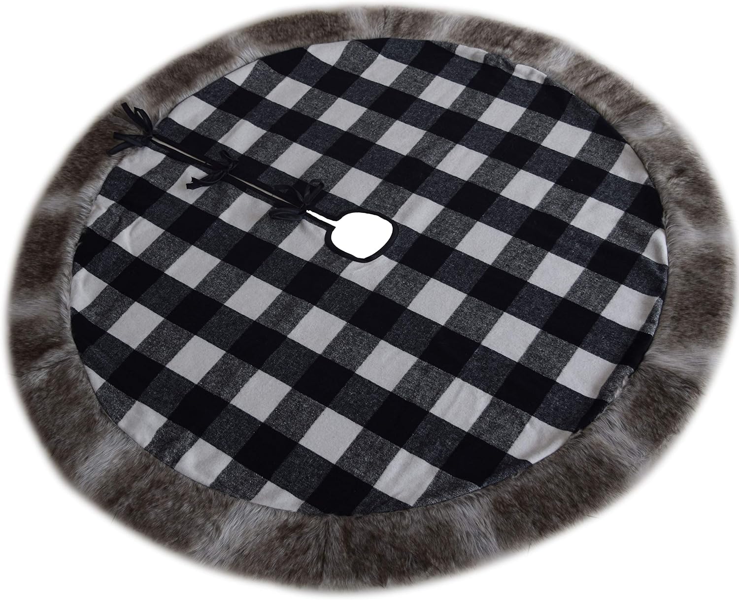 White and Black Buffalo Check Plaid Center, Deluxe Faux Fur Border Christmas Tree Skirt (42inch) 10-15 Days DELIVERY