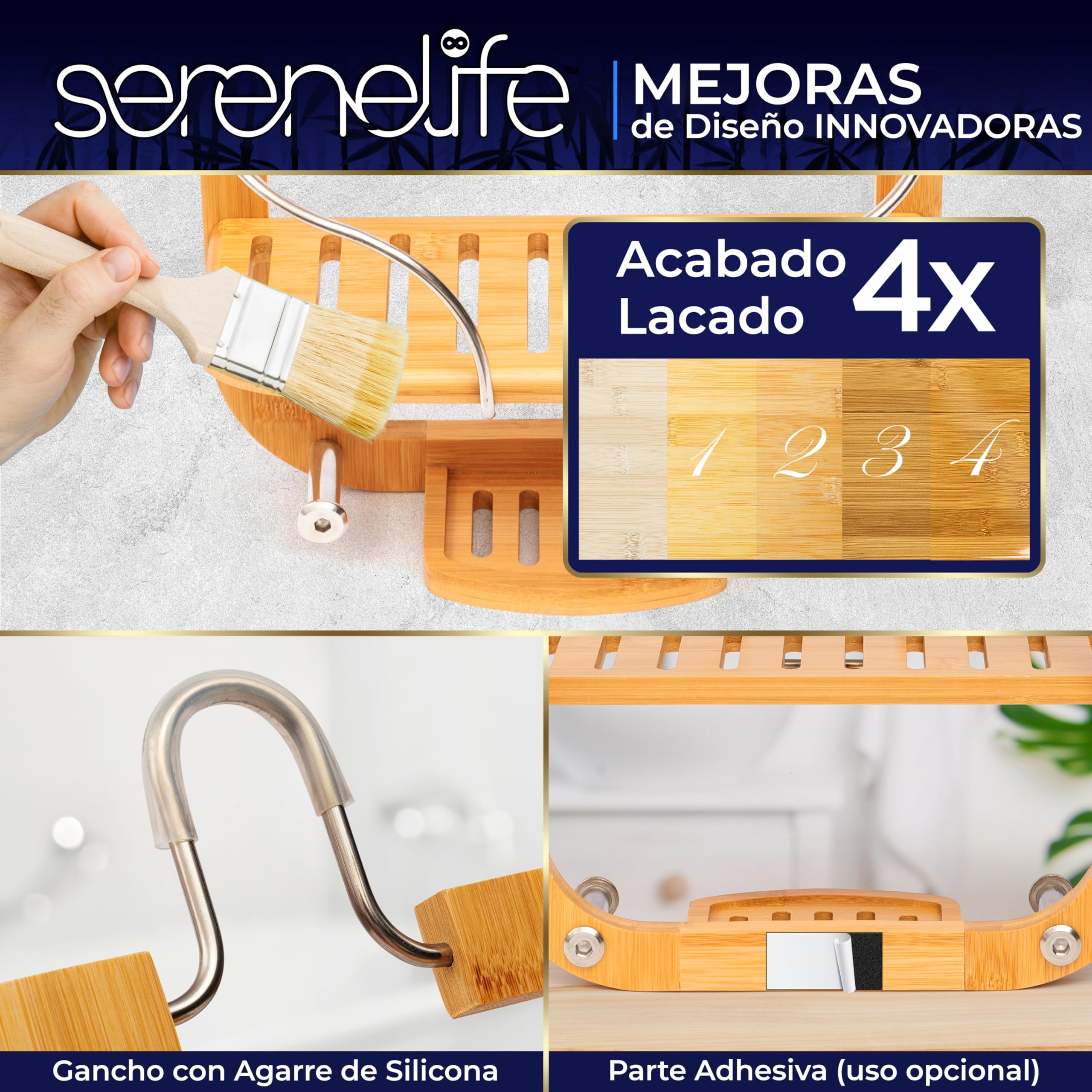 SereneLife Organizador de Ducha Colgante, Bambú con 3 Niveles, Antideslizante, Autodrenantes para una Organización Fácil