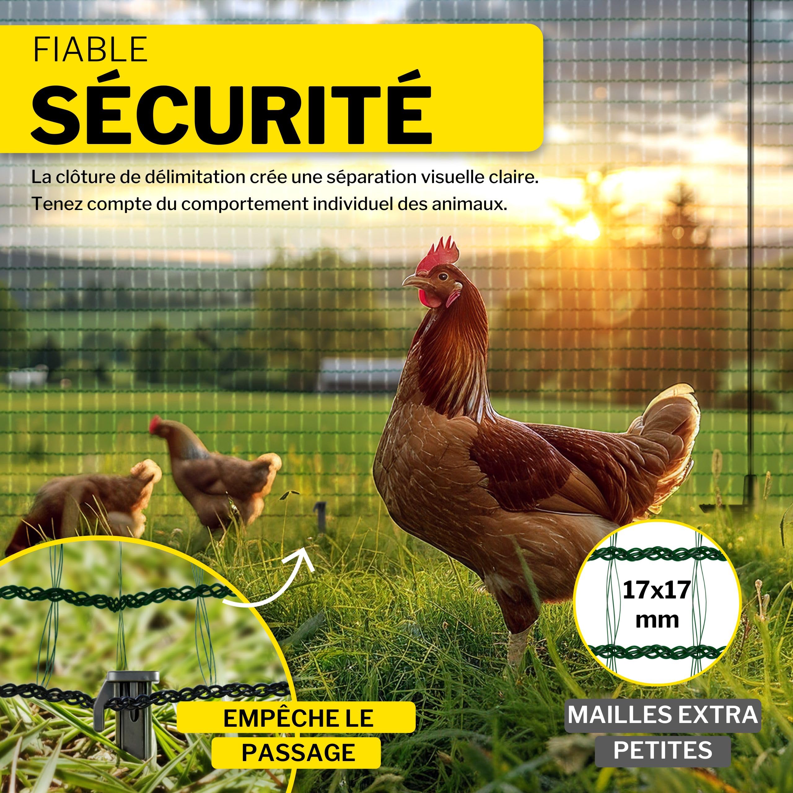 horizont clôture jardin FIX 20 m x 90 cm à mailles serrées avec 12 piquets – clôture chien, clôture amovible jardin, filet poule, barrière jardin, clôture potager, filet clôture chien