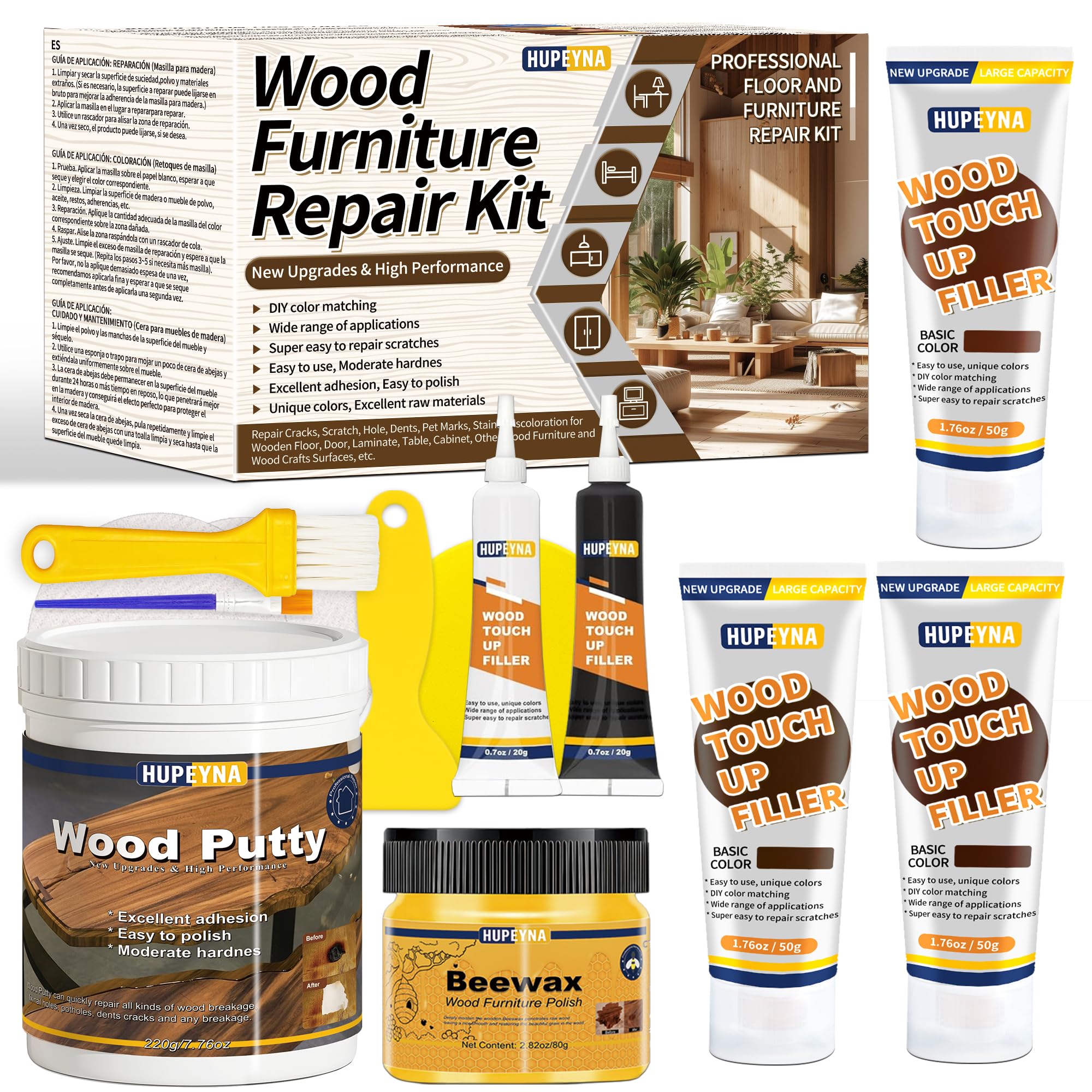 Große Kapazität Holz Reparaturset, Parkett Reparaturset Holzkitt Holzfarbe und Bienenwachs, Laminat Reparaturset Ausbessern von Rissen, Löchern, Verfärbungen, Tierspuren an Holzmöbeln und Holzhandwerk
