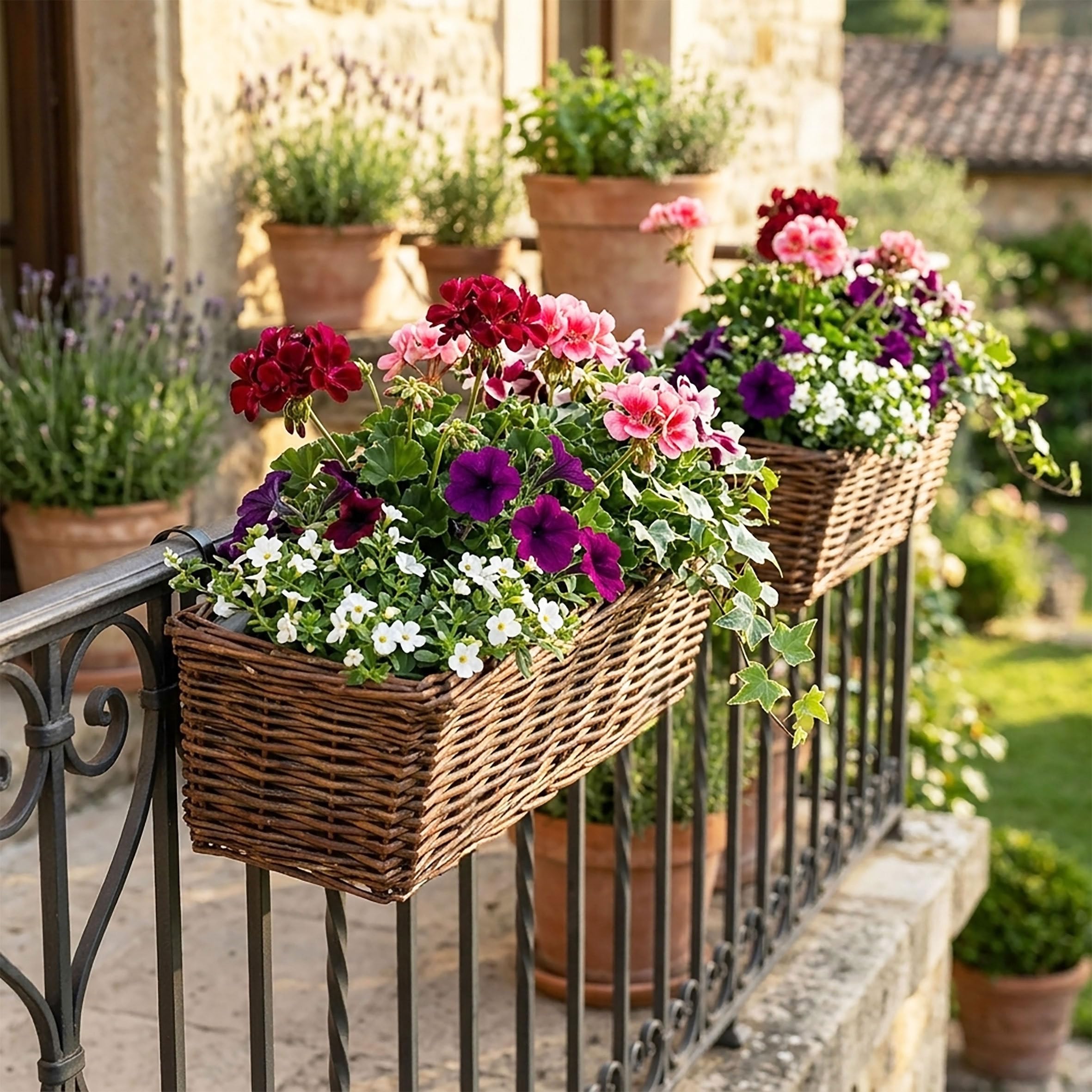 Spetebo Rattan skrzynka balkonowa, zestaw 2 szt., prostokątne, z folią, kolor naturalny, ciemne – 60 x 19 cm – rattanowa skrzynka na kwiaty z zawieszeniem na balustrady do 3,5 cm – skrzynka na rośliny