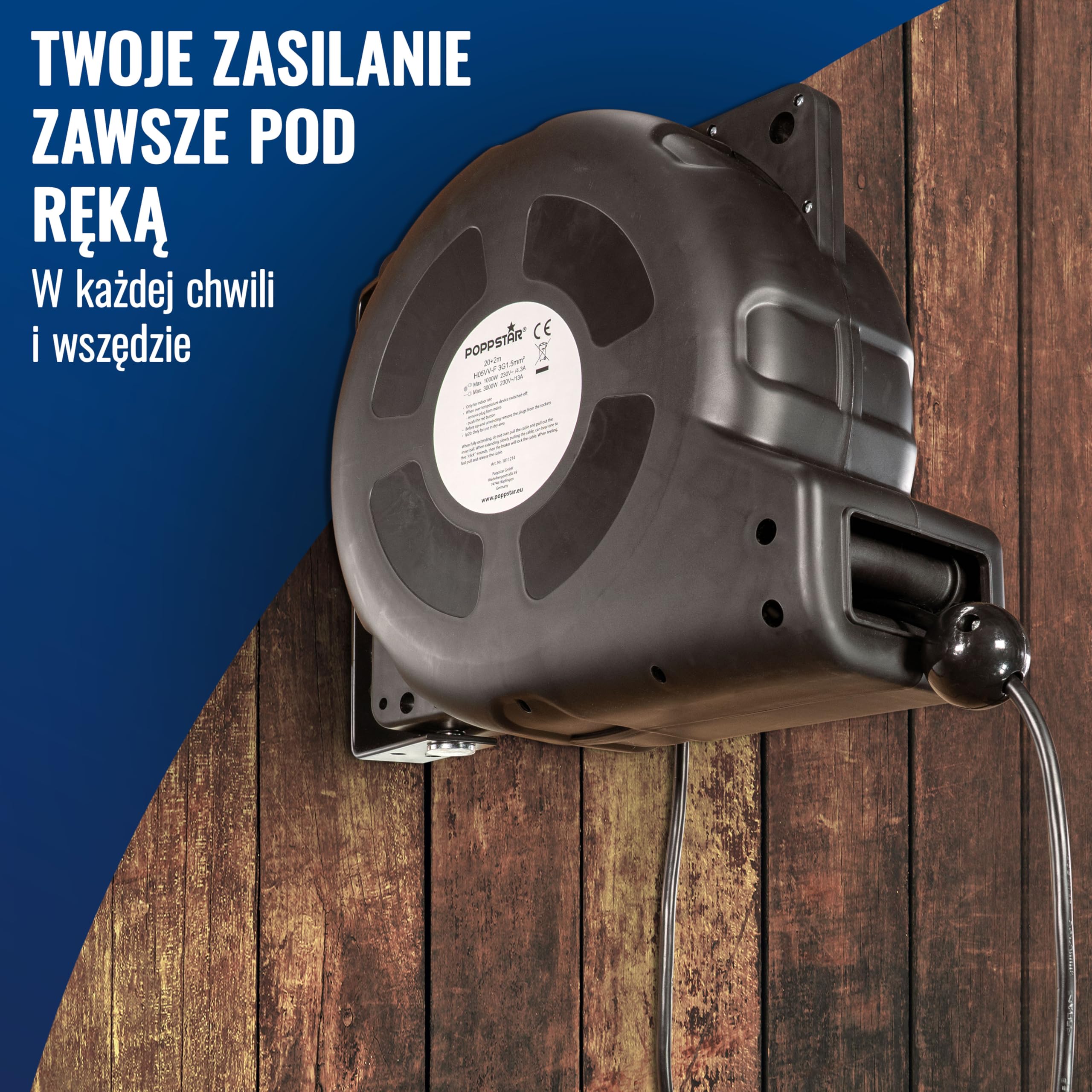 Poppstar automatyczny zwijacz kabli 20m + 2m (maks. 3000W), automatyczna szpulka kablowa samozwijająca IP20 ze wyłącznikiem termicznym
