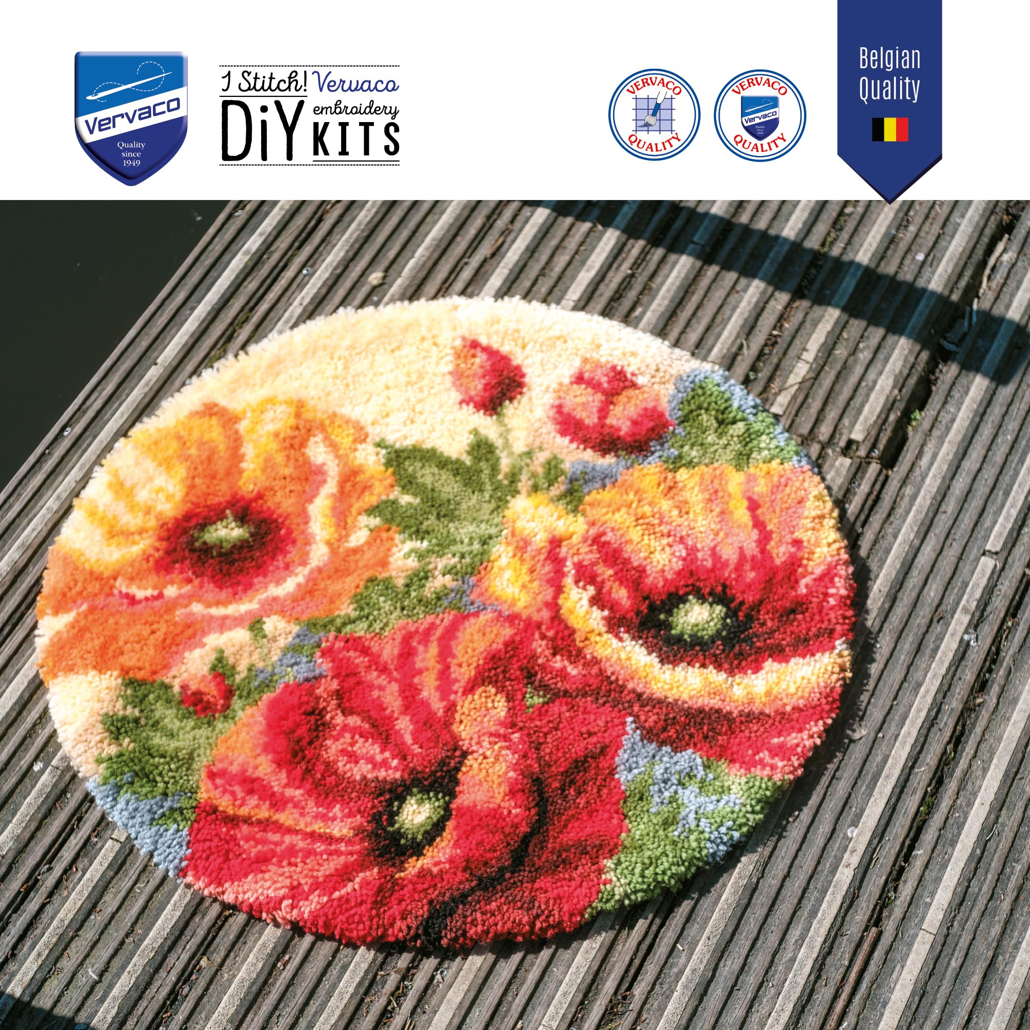 VERVACO Knüpfteppich Set DIY Handarbeit Knüpfset für Anfänger MOHNBLUMENFORM Teppich zum Selber Knüpfen Basteln Erwachsene Kreativ Set 67 x 67 cm Latch Hook Knüpfhaken Haus Dekoration