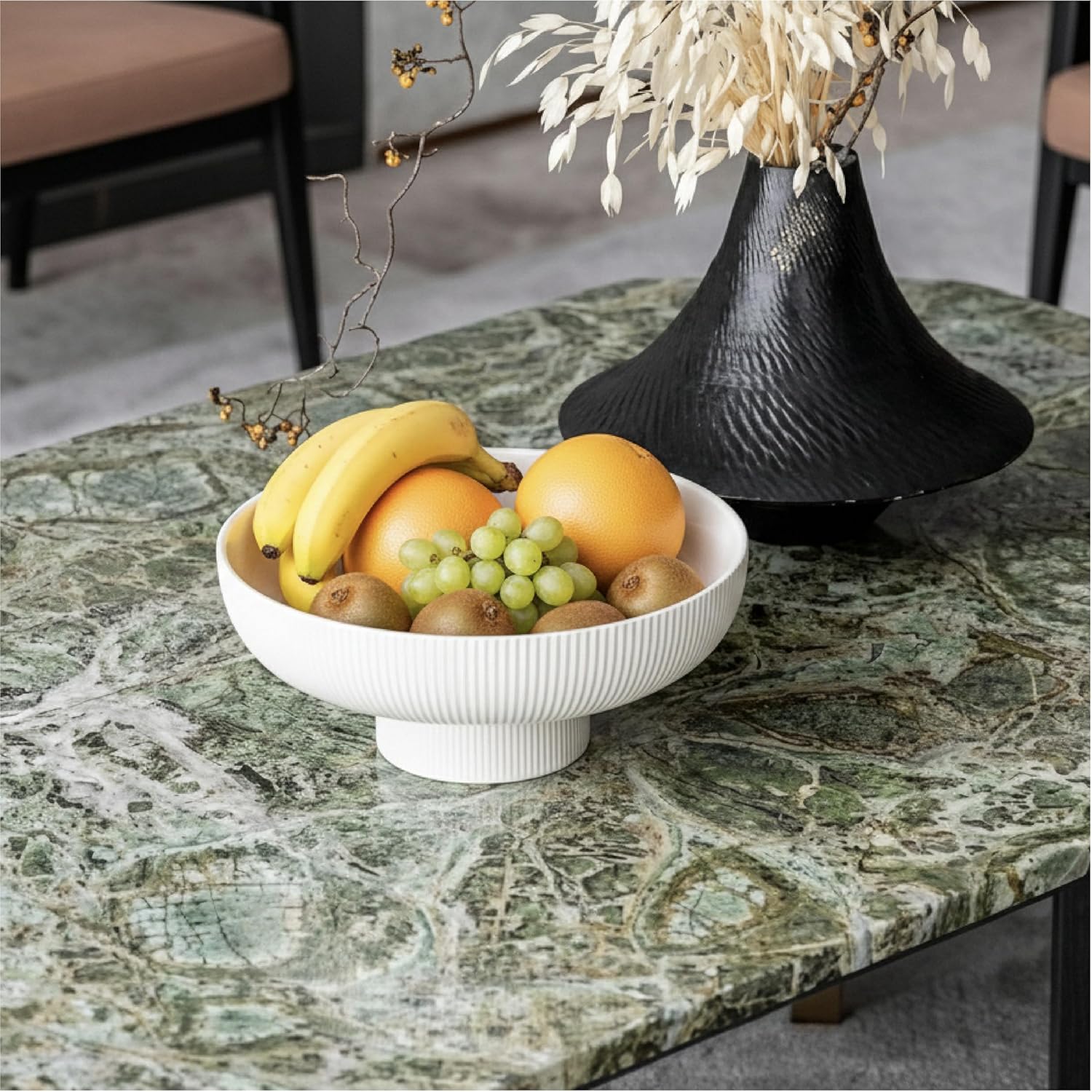 10 Inch Modern Ceramic Fruit Bowl with Removable Draining Base and Pedestal Stand for Kitchen, Dining Table, and Counter Decor (White Stripe)