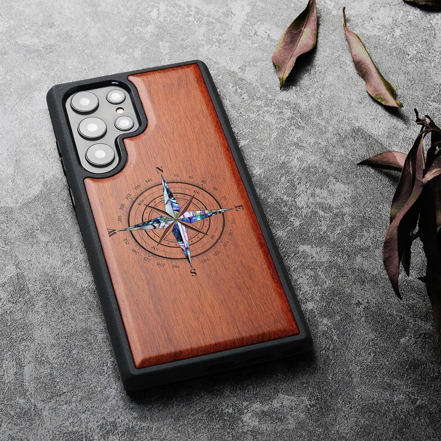 Carveit Designer Wooden Case for Samsung Galaxy S24 Ultra Case [Wood Engraving & Shell Inlay] Compatible with Wireless Chargers S24 Ultra Cover (Shell Compass-Rosy)