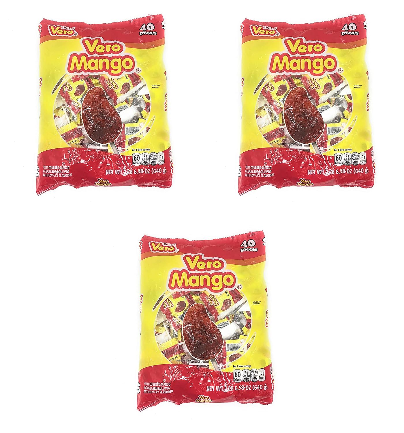 Dulces Vero Vero Mango Paletas Sabor Fresa Con Chile Mexican Hard Candy Chili Pops 40 Pc Pack of 3