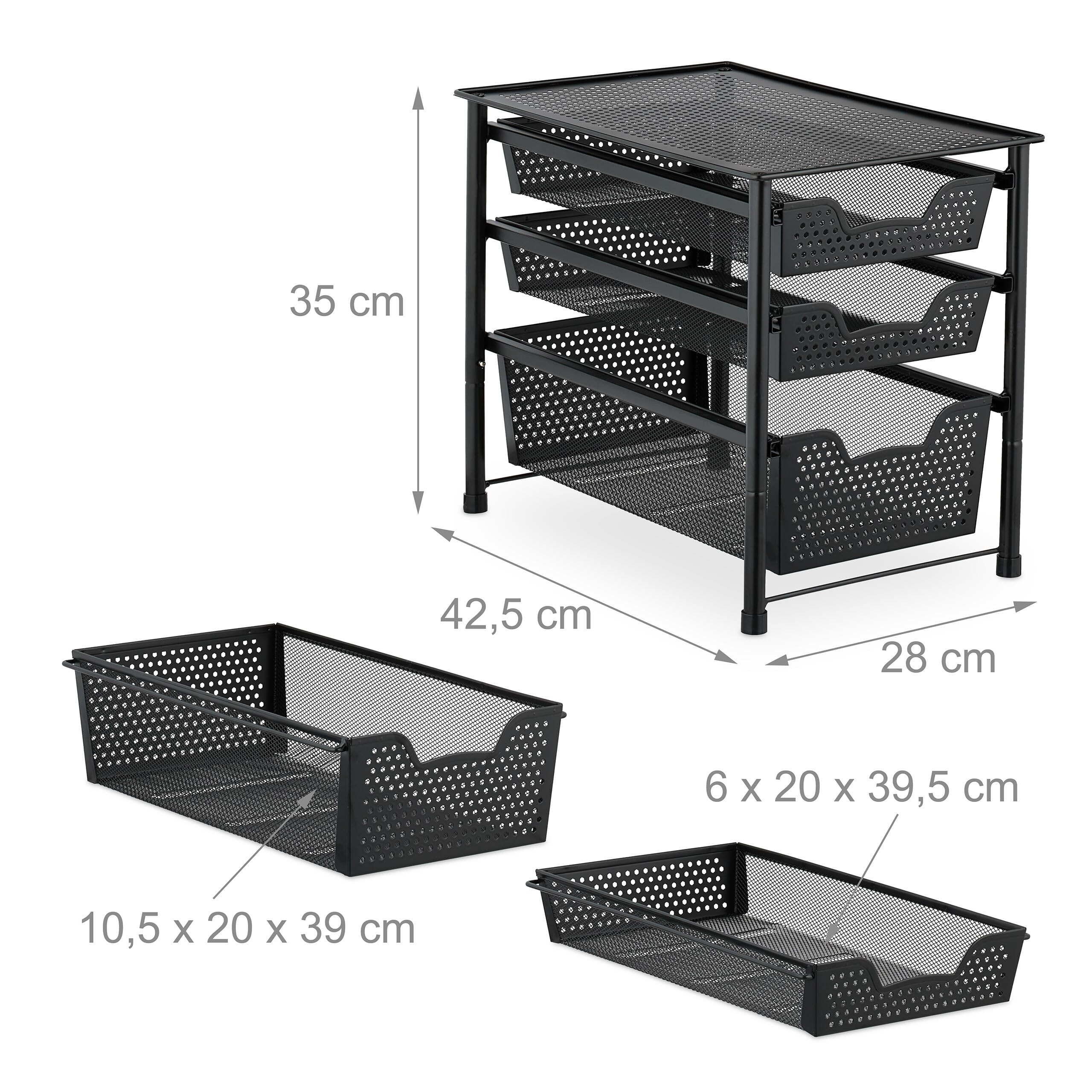 Relaxdays Schubladenregal, stapelbarer Büro Organizer, 3 Ausziehkörbe, Metall, Küche, Bad, HBT: 35x28x42,5 cm, schwarz