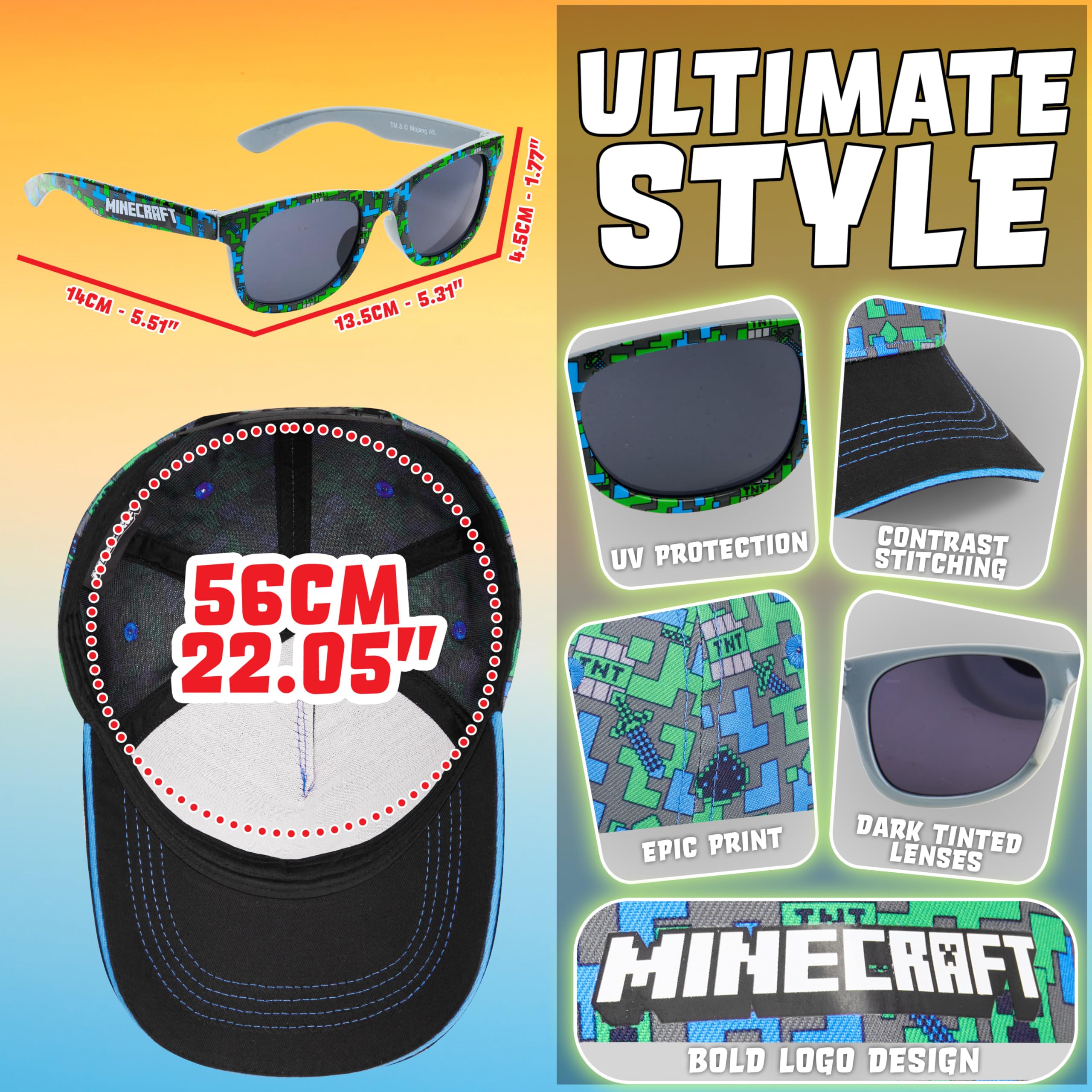 Pokemon | Minecraft | Super Mario | Fortnite Gorra Niño con Gafas de Sol Niño UV400 Set, Gorra Infantil, Accesorios de Verano, Regalos Niños