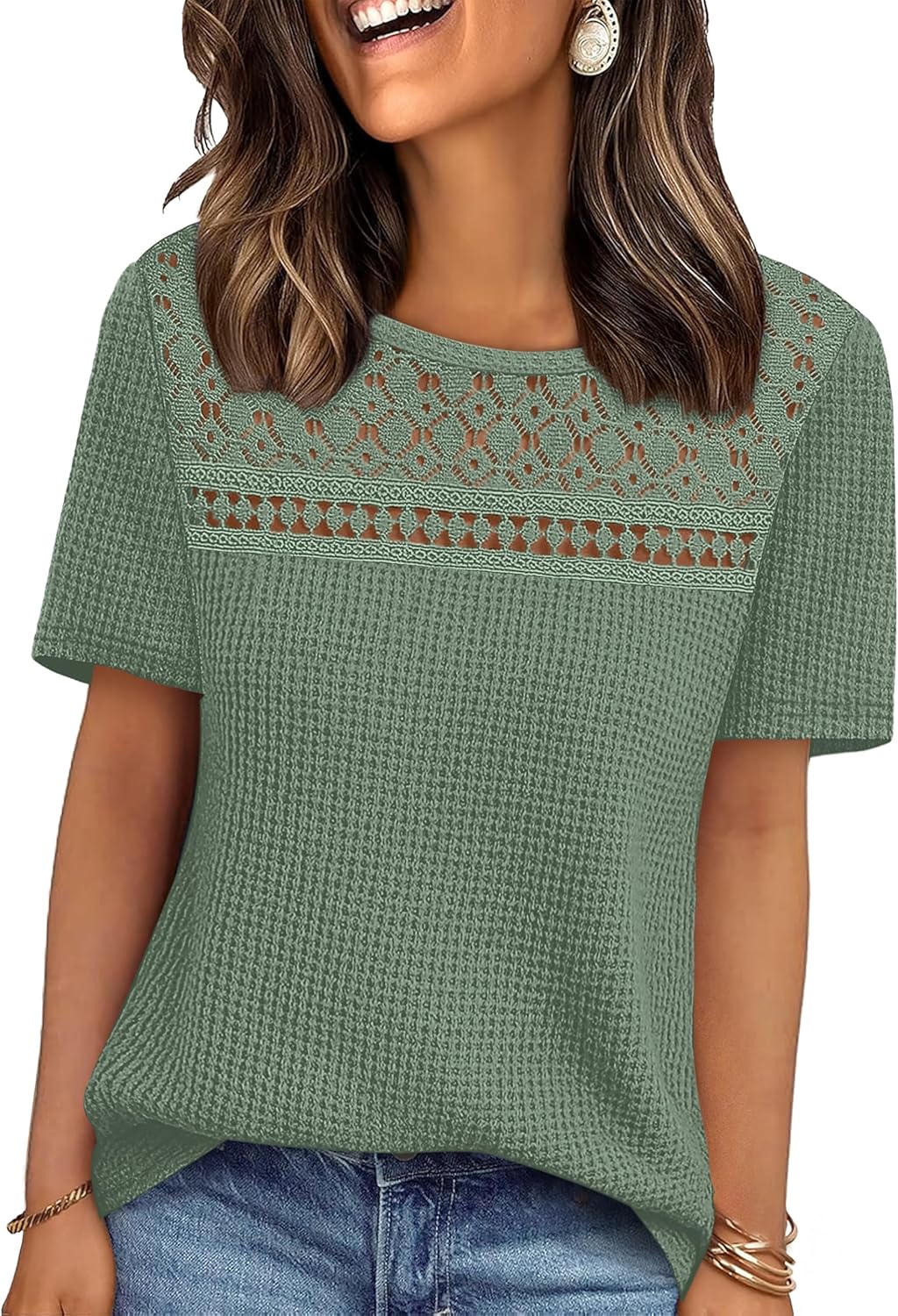 OFEEFAN Womens Tops Dressy Casual Short Sleeve Shirts Boho Crochet Lace Waffle Knit Plus Size Fashion Clothing