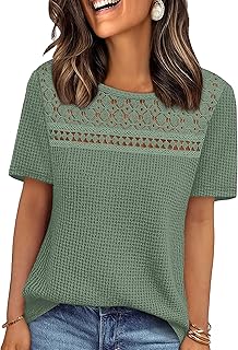 Womens Tops Dressy Casual Short Sleeve Shirts Boho Crochet Lace Waffle Knit Plus Size Fashion Clothing