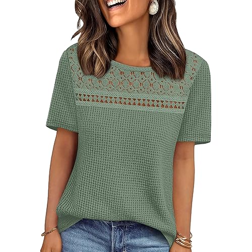 OFEEFAN Womens Tops Dressy Casual Short Sleeve Shirts Boho Crochet Lace Waffle Knit Plus Size Fashion Clothing
