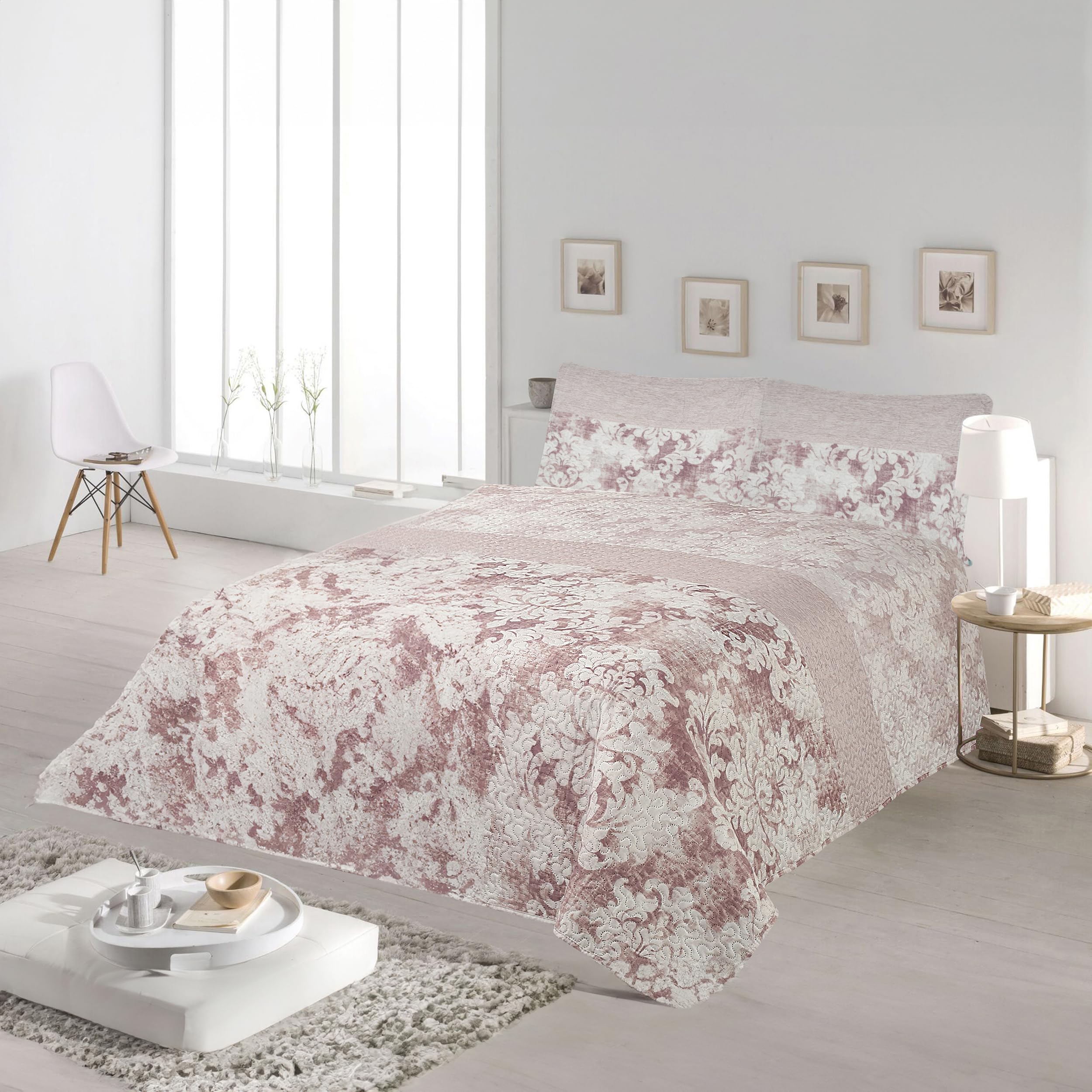 Etrexonline Colcha Bouti Reversible Estampada 100% Microfibra Extra Suave Colcha Cubre Cama Multiusos para Primavera y Verano Incluye 2 Fundas de Cojín, Cama 120/135-230x260cm - Rosa Acuarela