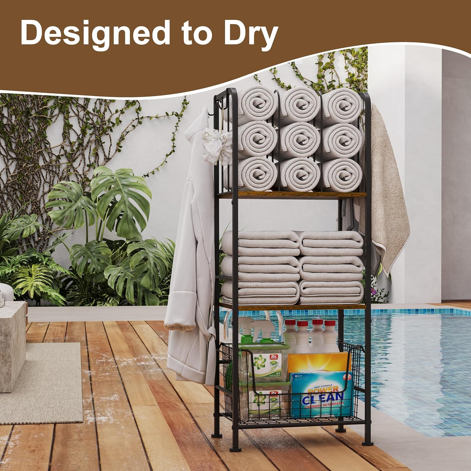 Towel Racks for Bathroom 3-Tier M-Shaped Detachable Dividers, Durable Metal Towel Holder, Pool Items Holder, Space-Saving Storage Organizer, Modern Bath Towel Shelf Free Standing Patent Pending