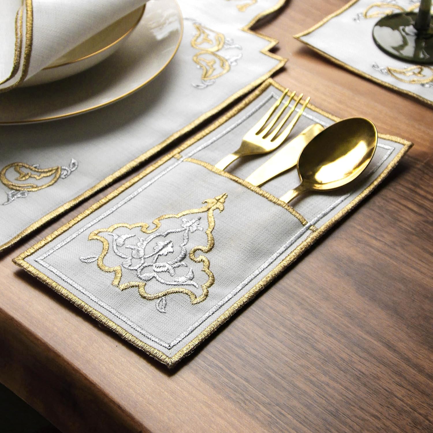 Embroidered Placemats with Gold and Silver Scrollwork Design, White Linen Table Mats with Decorative Border, Elegant Dining Table Linens Set, Islamic Decor Golden Harmony Set for 6 Person / 24 Piece
