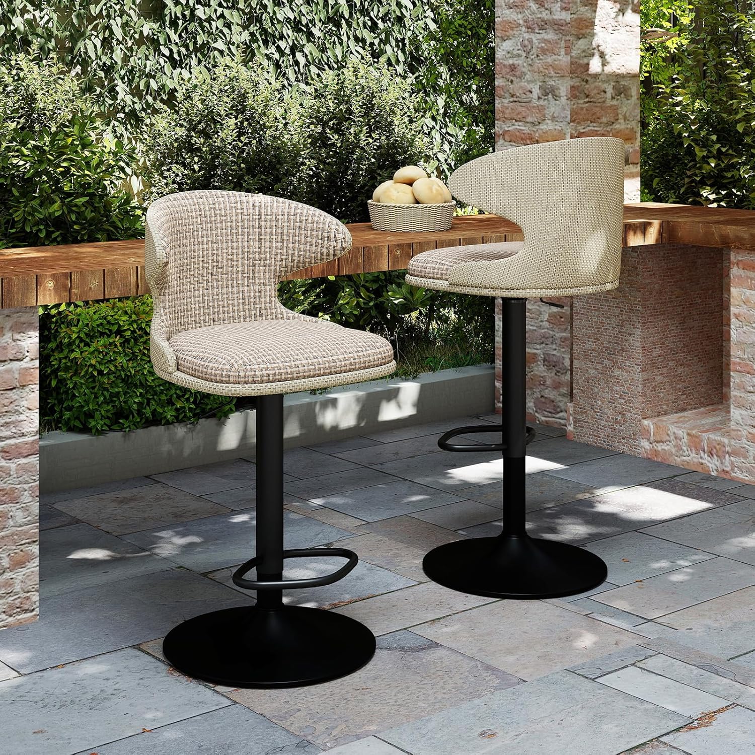 Furnimart Outdoor Bar Stools Set of 2, 360° Swivel Patio Bar Chairs with Adjustable Height & Waterproof Cover, Textilene Mesh Back with Plaid Pattern, Counter & Bar Height Stools for Backyard, Beige