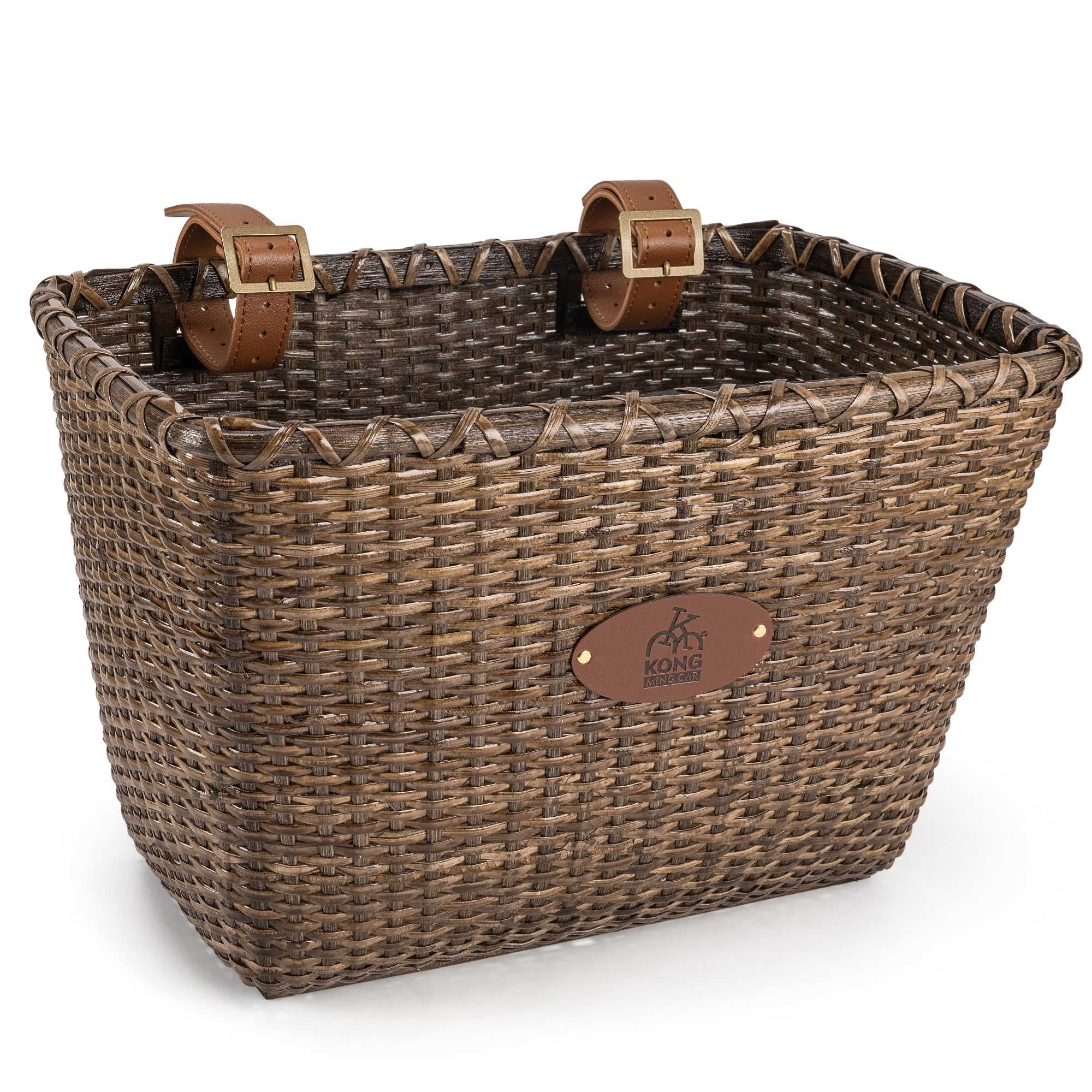 Cestino per bicicletta, design retrò, robusto cestino per bicicletta, manubrio con base in legno e supporto in pelle, ideale come cestino anteriore per bicicletta