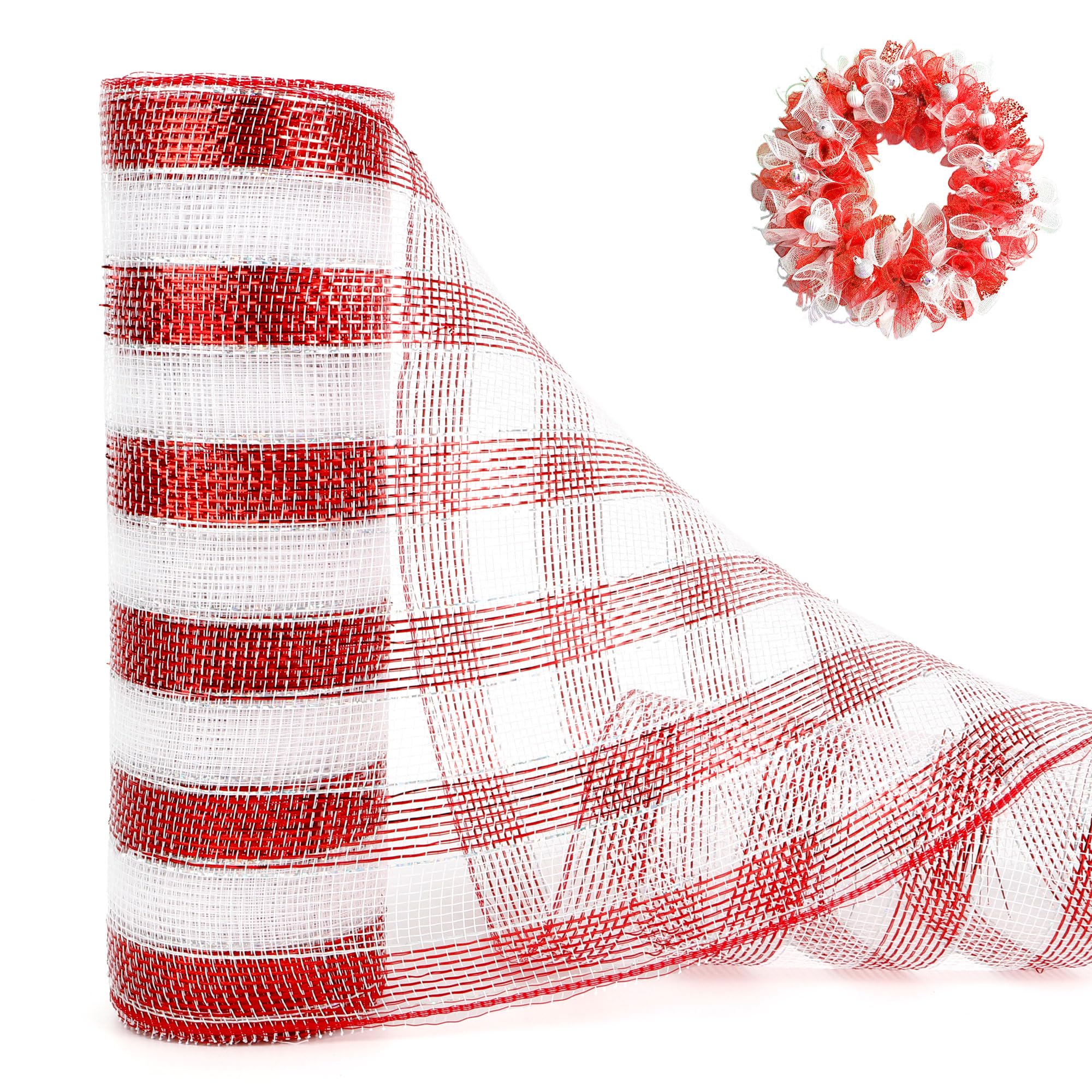 Metallic Mesh Ribbon Rolls - 10 Inch x 30 Feet, Red with White Foil, Christmas Tree Decorative Ribbon for DIY Crafts, Wreaths, Wedding Garland, Party