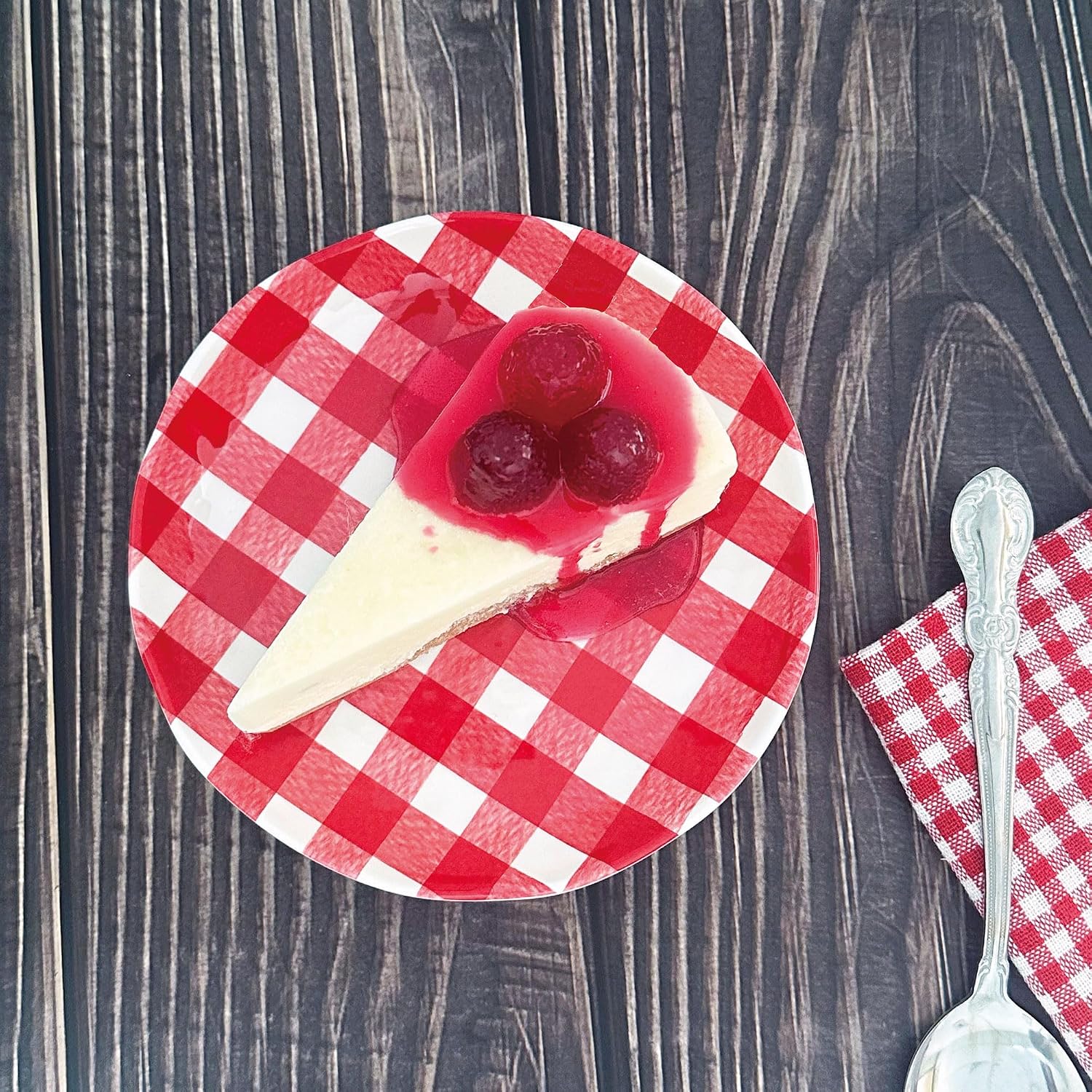UP Gingham Melamine Round Dessert Plates, Small Serving Plates, for Appetizer, Snacks, and Side Dishes, Red, 6 Inch, Set of 4
