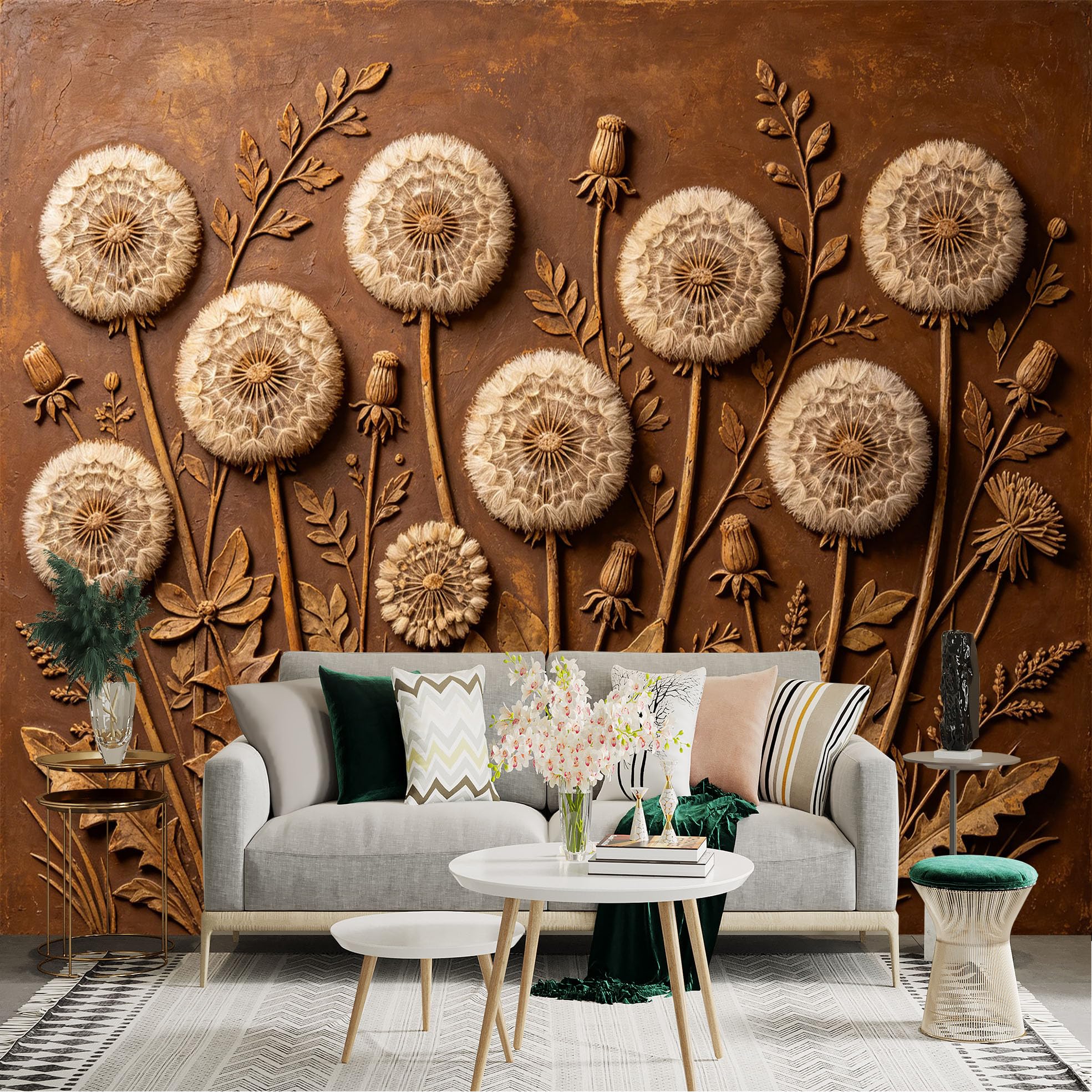 Lnzczhyre Dbh260521700 Custom Size Wall Sticker Mural， Vintage Brown Relief Dandelion， Rustic Floral Art， Botanical Wall Decor， Nature Inspired Pattern， For Wall Decoration， Peelandstick Wall Decals.