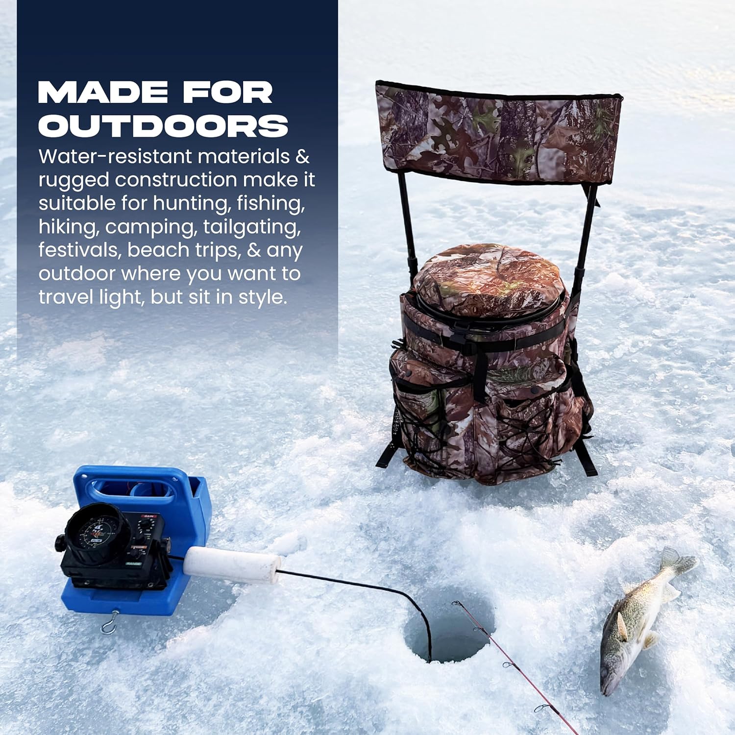 (Camo, 6 Gallon The Backpack Cooler That transforms into a Chair. Great for Hunting, Fishing, Tailgating etc Over 400 pounds Weight Limit with a 30 can Capacity