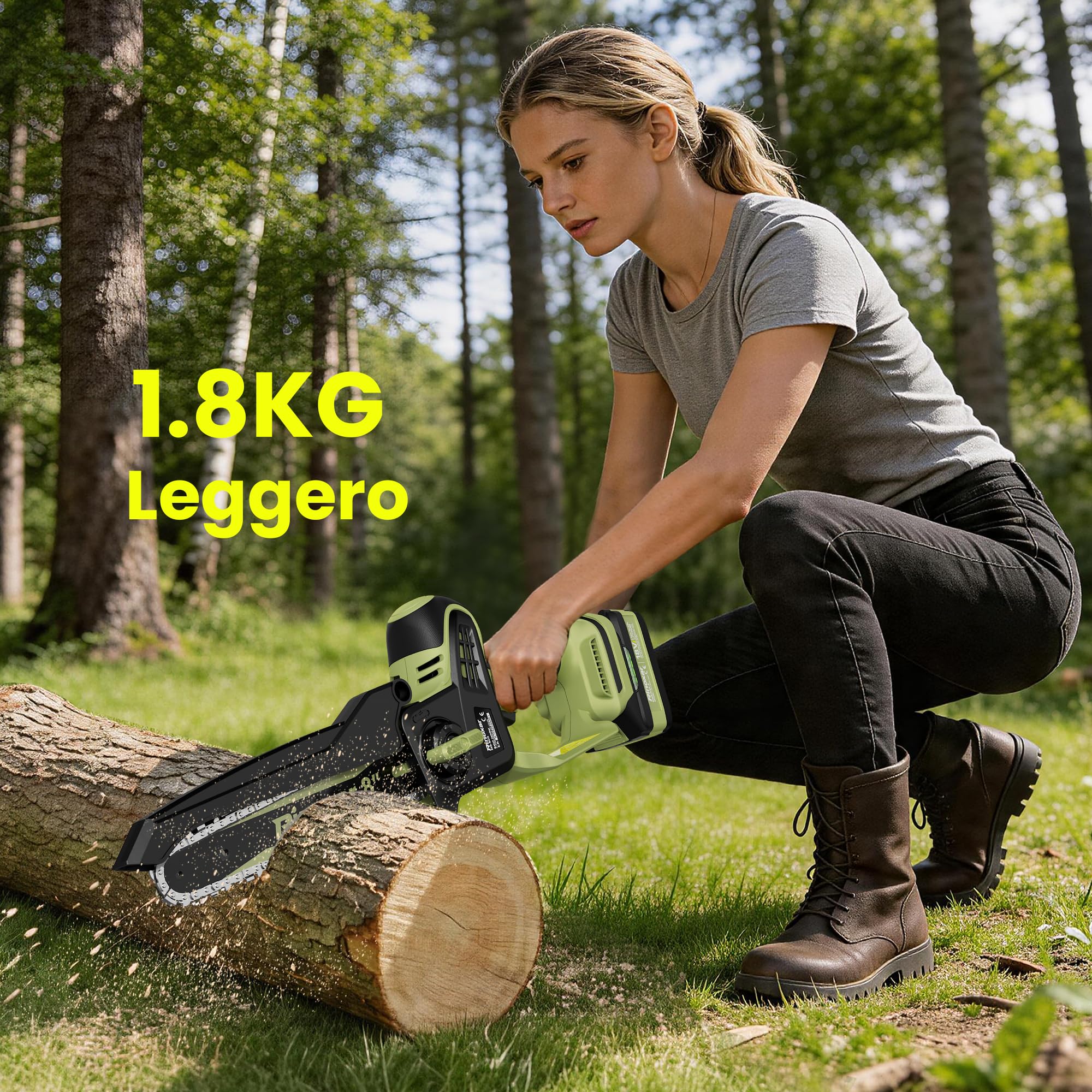Motosega a Batteria 8 Pollici, Motosega Elettrica con 2×5200 mAh Batterie, Motore Brushless, Lubrificazione Automatica, Tensionamento Catena Senza Attrezzi, Sega per Potatura Legno e Rami