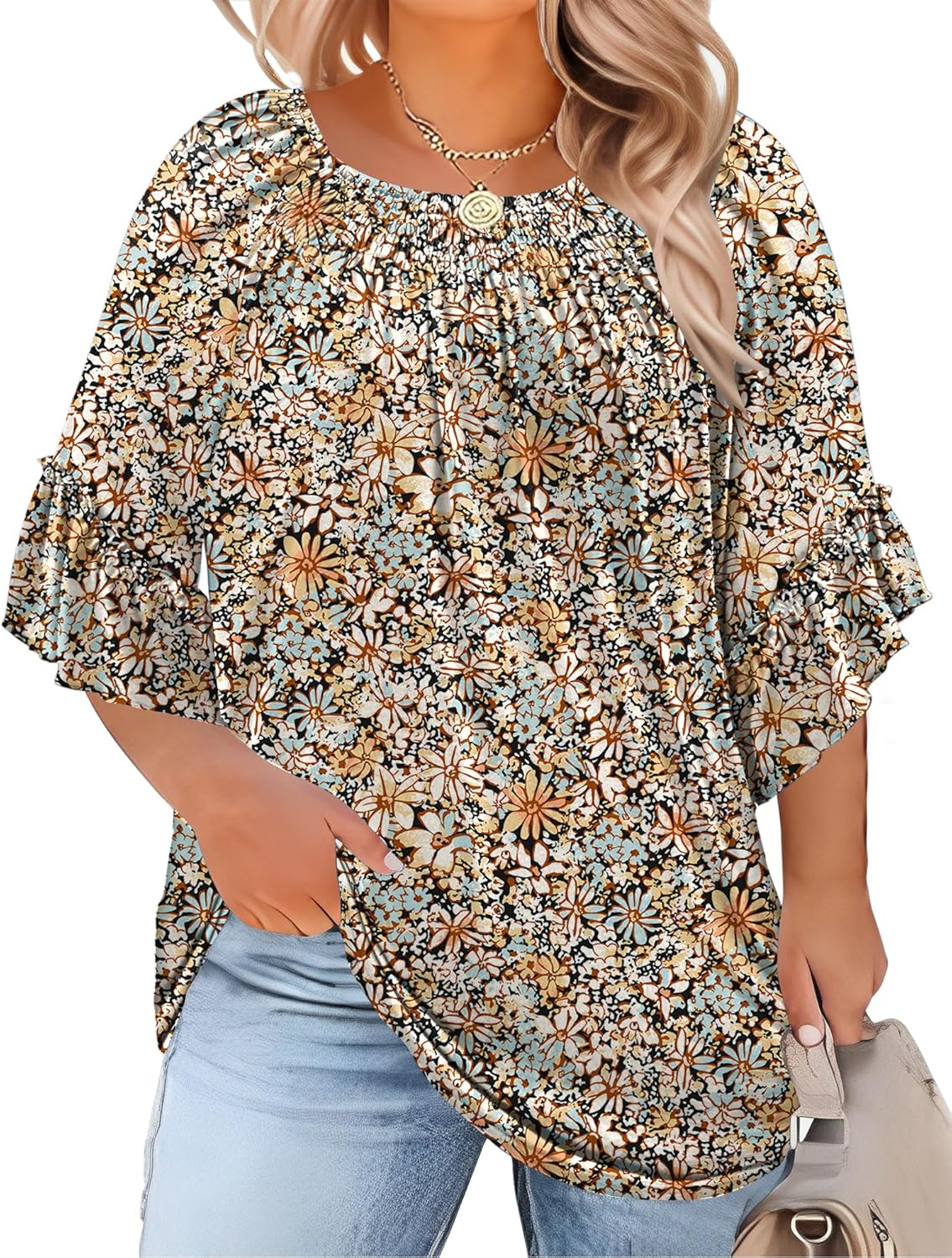 Micoson Womens Plus Size Tops 3/4 Ruffle Sleeve Shirts Crewneck Pleated Blouses Dressy Casual Fashion Tunic Top (1X-5X)