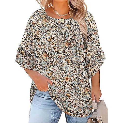 Micoson Womens Plus Size Tops 3/4 Ruffle Sleeve Shirts Crewneck Pleated Blouses Dressy Casual Fashion Tunic Top (1X-5X)