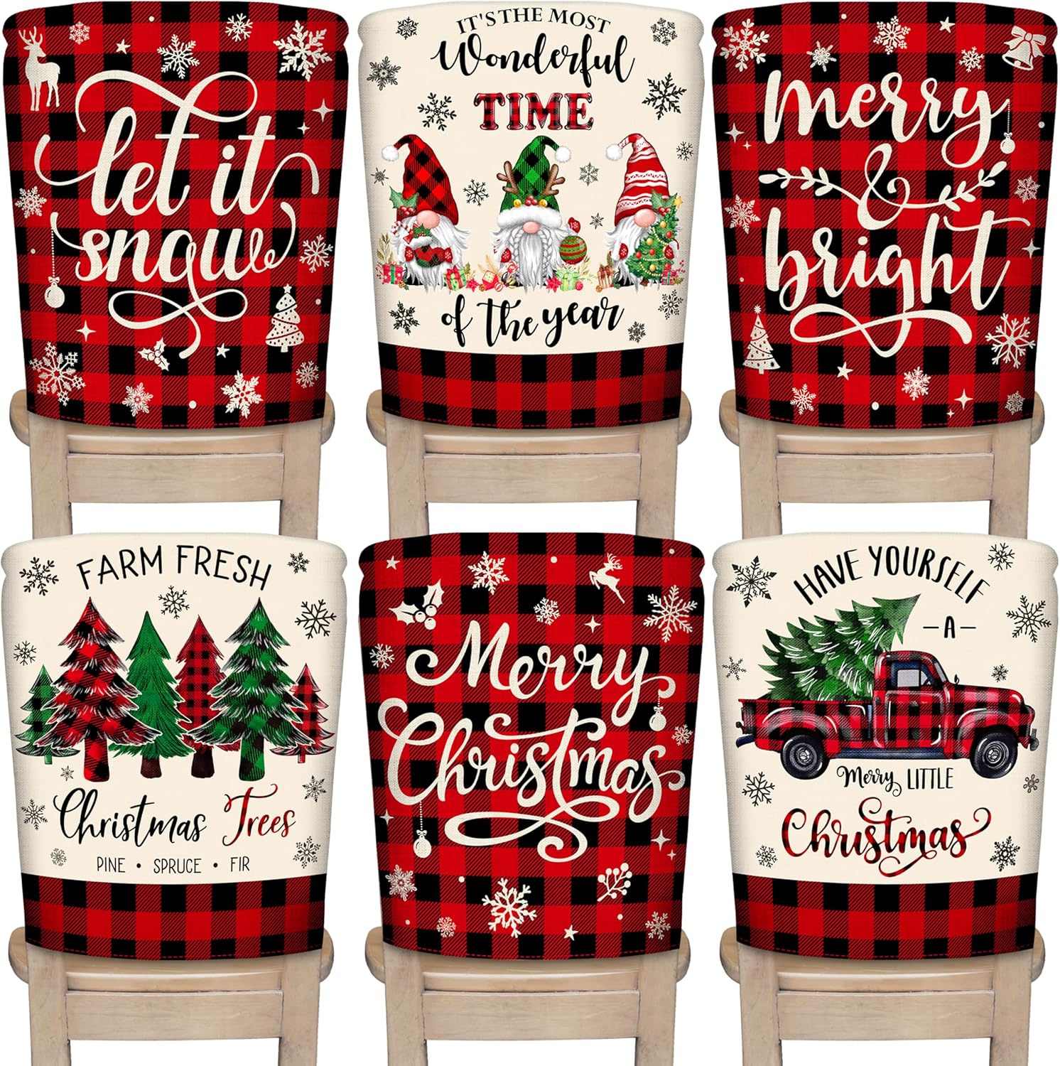 TREWAVE Christmas Chair Covers Set of 6 Buffalo Plaid Chair Back Covers Holiday Dining Chair Slipcovers Protector Kitchen Dining Room Decor Festival Party Decoration