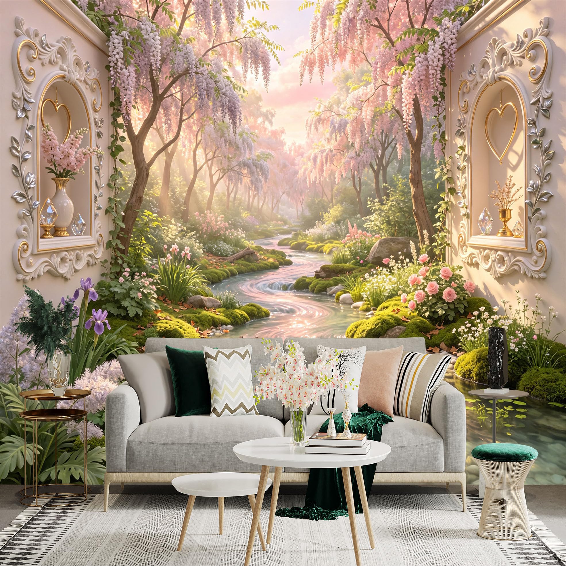 Lnzczhyre Bh260719520 Custom Size Wall Sticker Mural， Dreamy Wisteria Garden With Flowing River， Romantic Floral Landscape， Elegant Palace Archway， For Wall Decoration， Peelandstick Wall Decals.