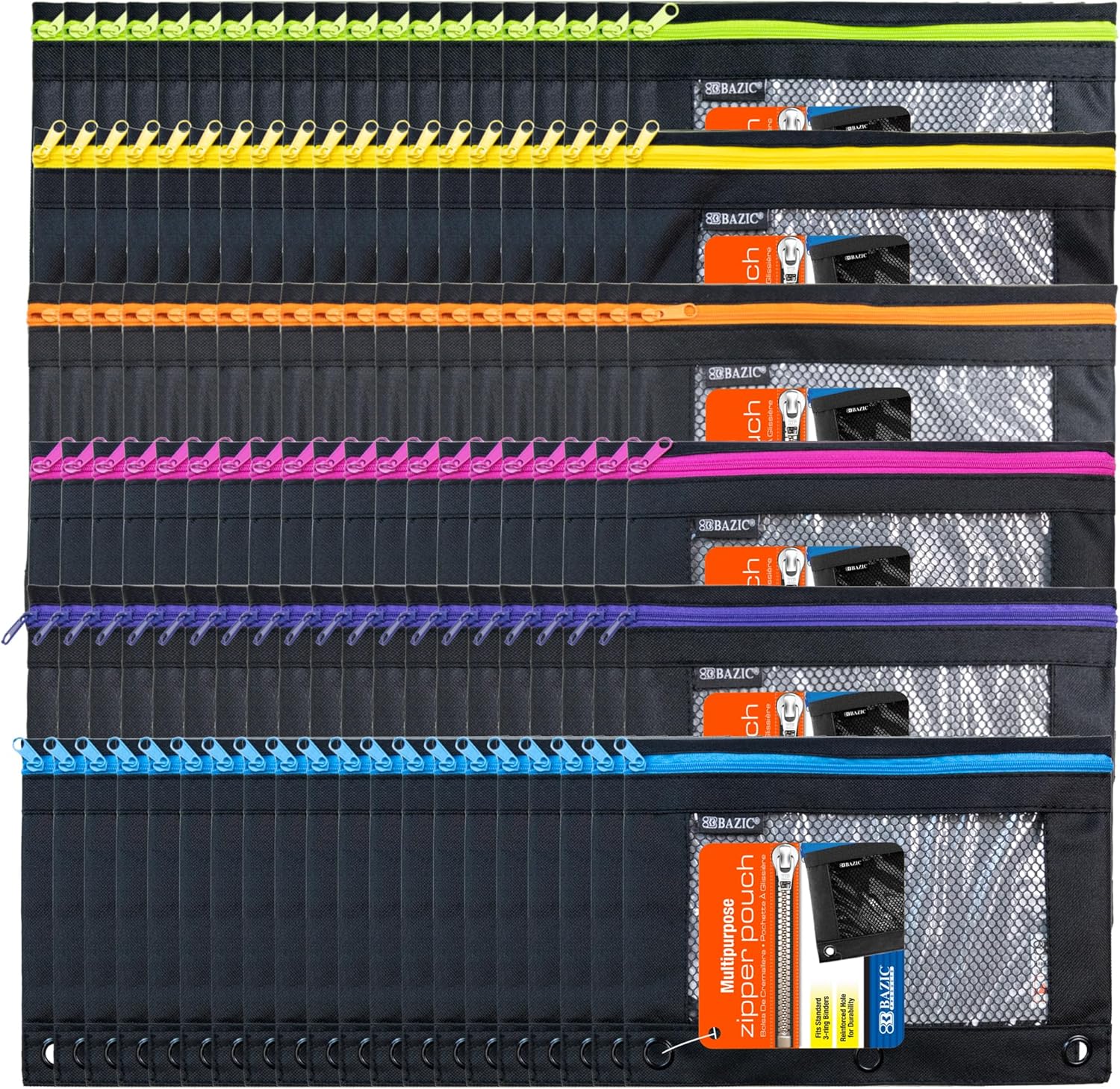 BAZIC Products Pencil Pouch 3 Ring Binder Pouch w/Rivet Enforced Rings Holes, Neon Black Color Mesh Window Zipper Pouches, 144-Pack