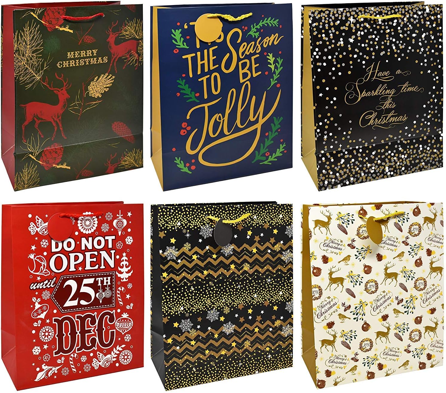 Gift Boutique 24 Count Christmas Gift Bags Bulk Set Includes 4 Jumbo 6 Large 6 Medium 8 Small Holiday Xmas Gifts Bag Assortment with Handles & Tags for Wrapping Any Size Present for Adults Teens Kids