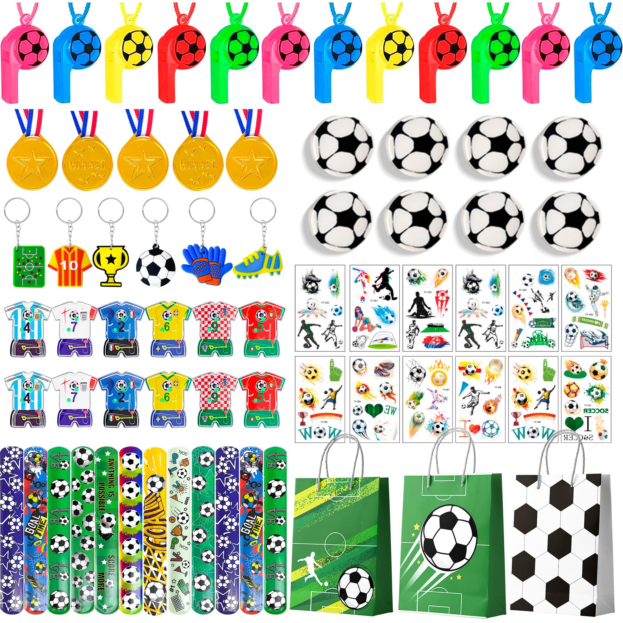 Soccer Favors,96pcs Soccer Party Favors for Kids Including Soccer Slap Bracelets Stickers Medals Keychains Bags Whistle Maza Toys etc Soccer Birthday Party Favors for Soccer Party Decorations Supplies