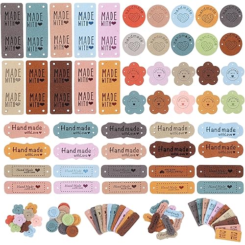 50 Pcs Custom Labels for Crochet and Knits Projects, Handmade Tags Made with Love, Personalized Faux Leather Tags, Cute Label Handmade Items with Hole for DIY Hat Jeans Bags Shoes Crafts