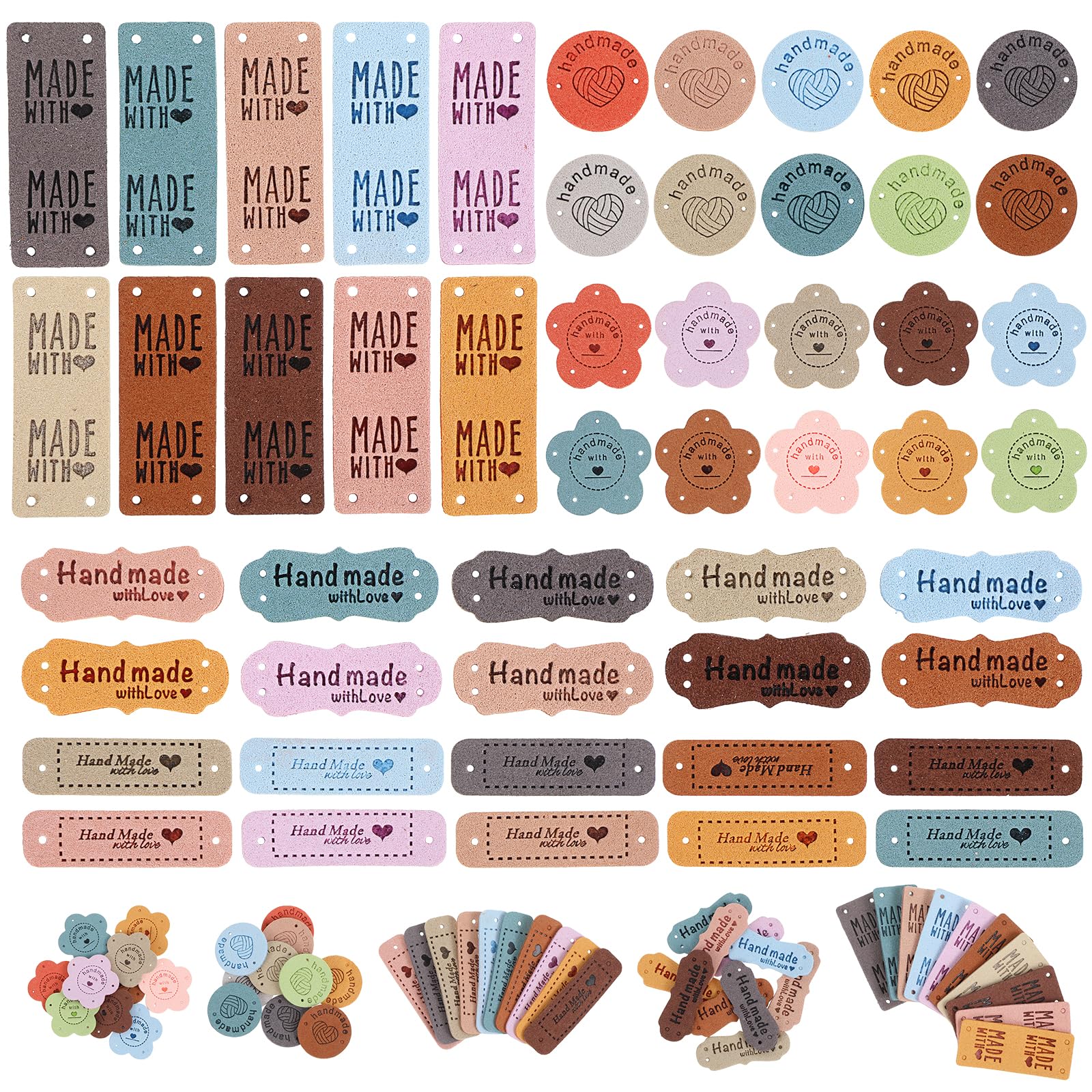 Wanmu 50 Pcs Handmade Leather Labels for Crochet and Knits Projects, Custom Labels Made with Love, Personalized Faux Leather Tags, Cute Label Handmade Items with Hole for DIY Hat Jeans Bags Crafts