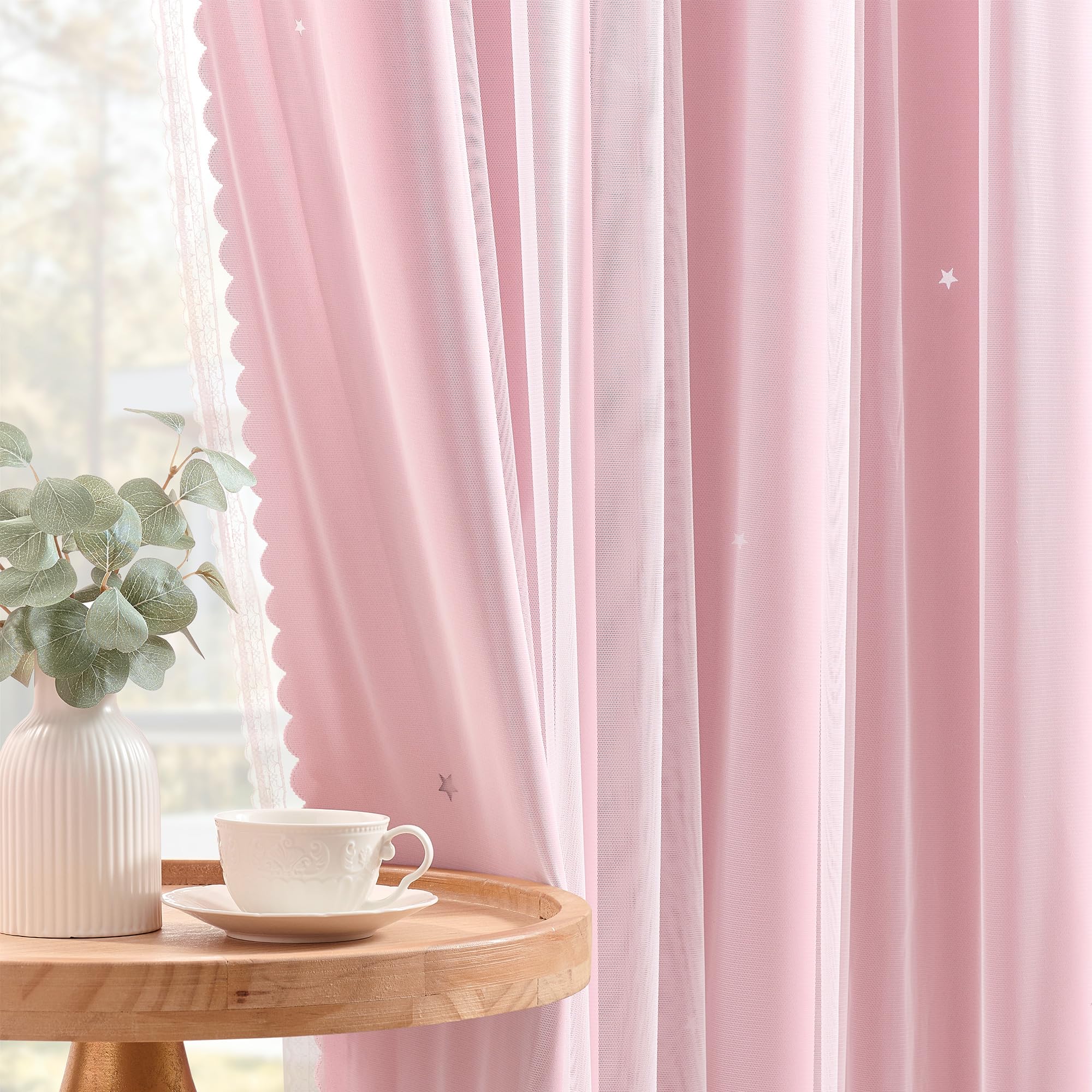 XiDi Star Blackout Curtains for Bedroom 72 Inch Length 2 Panels Pink Curtains with Sheer Overlay for Girls Kids Privacy Thermal Insulated Rod Pocket Window Curtains for Patio French Door W52 x L72